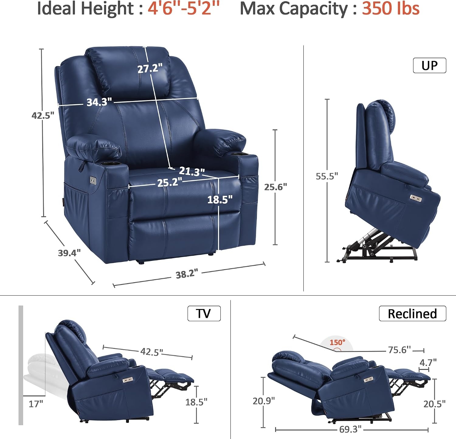 image:imageMCombo Extra Wide Power Lift Recliner Chair for Elderly Lift Chair with Heat and Massage for Big People USBampType C Ports Cup Holders Faux Leather R7045 Grey MediumWideBlue