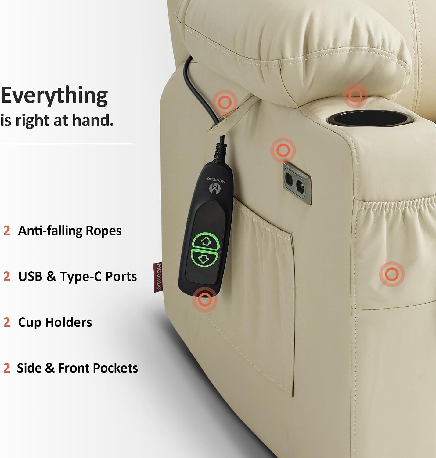 image:imageMCombo Extra Wide Power Lift Recliner Chair for Elderly Lift Chair with Heat and Massage for Big People USBampType C Ports Cup Holders Faux Leather R7045 Grey MediumWideCream White