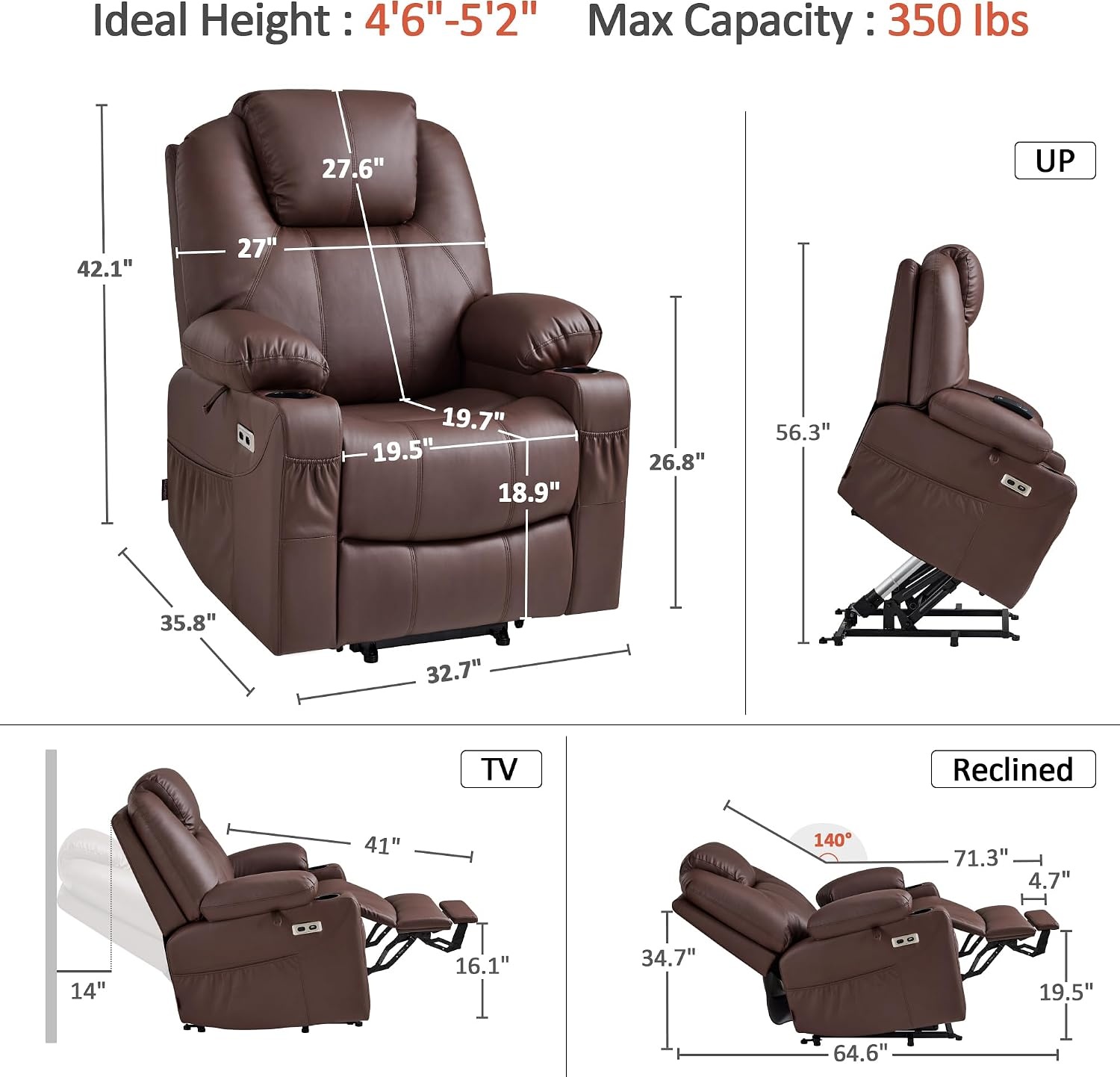 image:imageMCombo Extra Wide Power Lift Recliner Chair for Elderly Lift Chair with Heat and Massage for Big People USBampType C Ports Cup Holders Faux Leather R7045 Grey MediumWideLight Brown