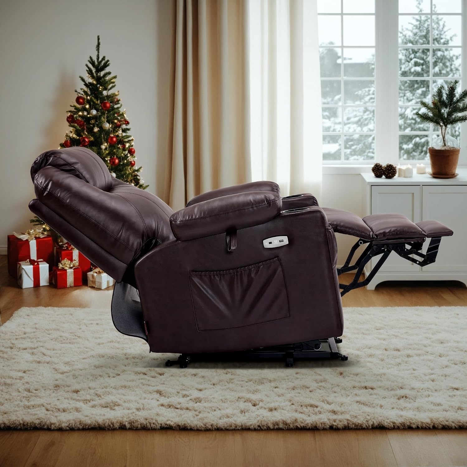 image:imageMCombo Extra Wide Power Lift Recliner Chair for Elderly Lift Chair with Heat and Massage for Big People USBampType C Ports Cup Holders Faux Leather R7045 Grey MediumWideDark Brown
