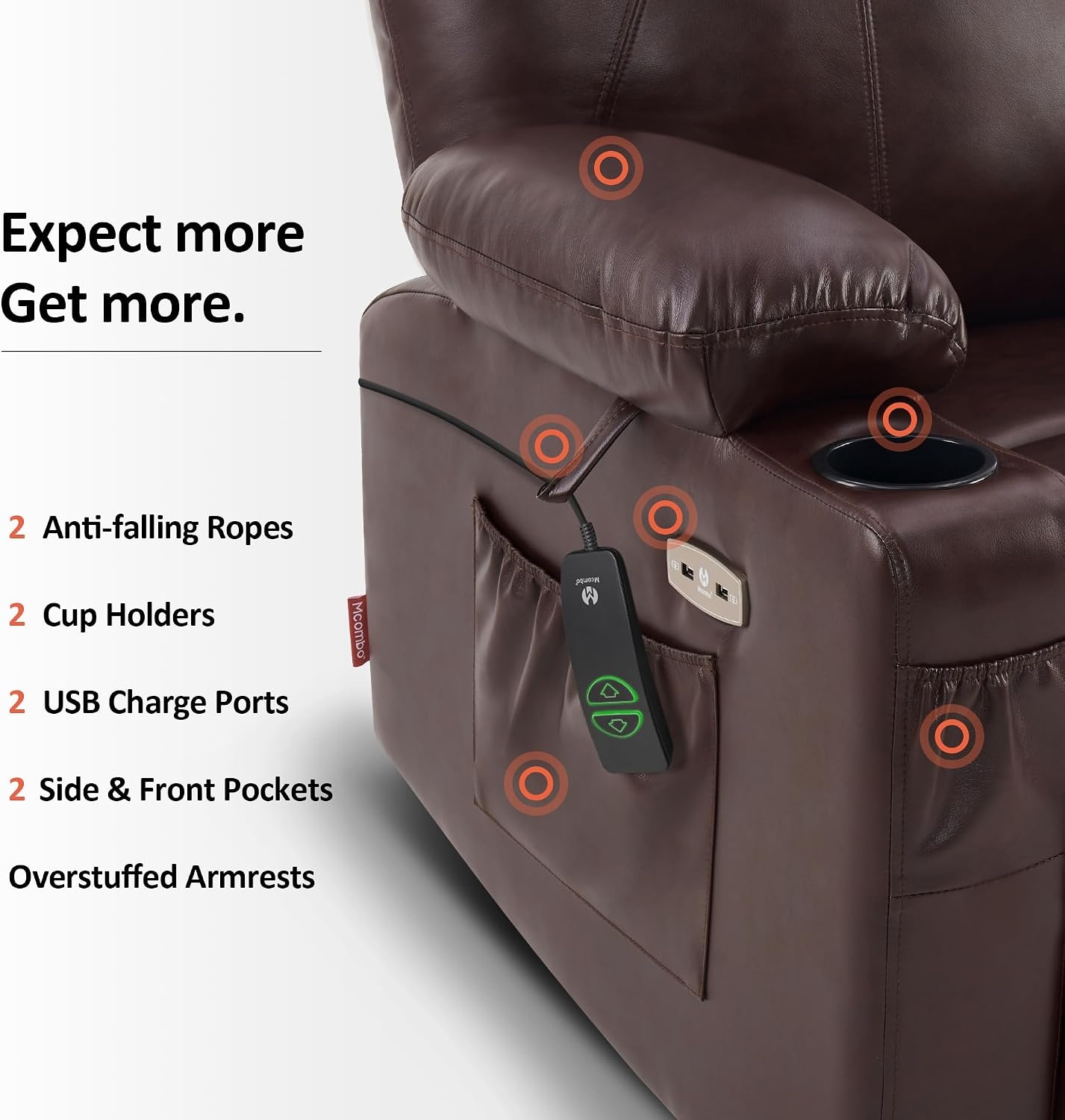 image:imageMCombo Extra Wide Power Lift Recliner Chair for Elderly Lift Chair with Heat and Massage for Big People USBampType C Ports Cup Holders Faux Leather R7045 Grey MediumWideDark Brown