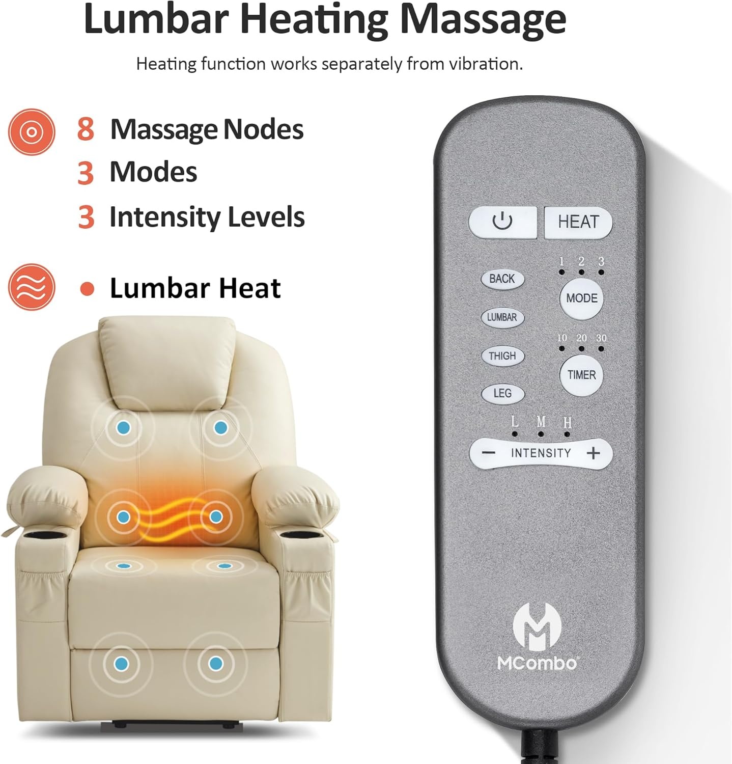 image:imageMCombo Extra Wide Power Lift Recliner Chair for Elderly Lift Chair with Heat and Massage for Big People USBampType C Ports Cup Holders Faux Leather R7045 Grey MediumWideCream White