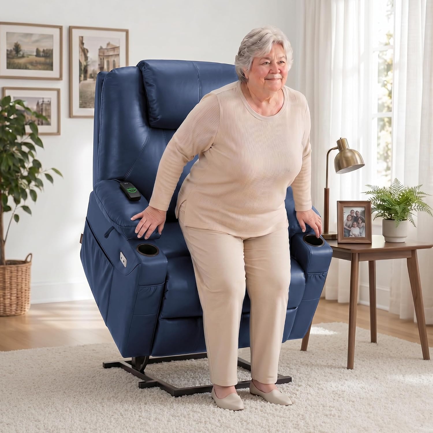 image:imageMCombo Extra Wide Power Lift Recliner Chair for Elderly Lift Chair with Heat and Massage for Big People USBampType C Ports Cup Holders Faux Leather R7045 Grey MediumWideBlue