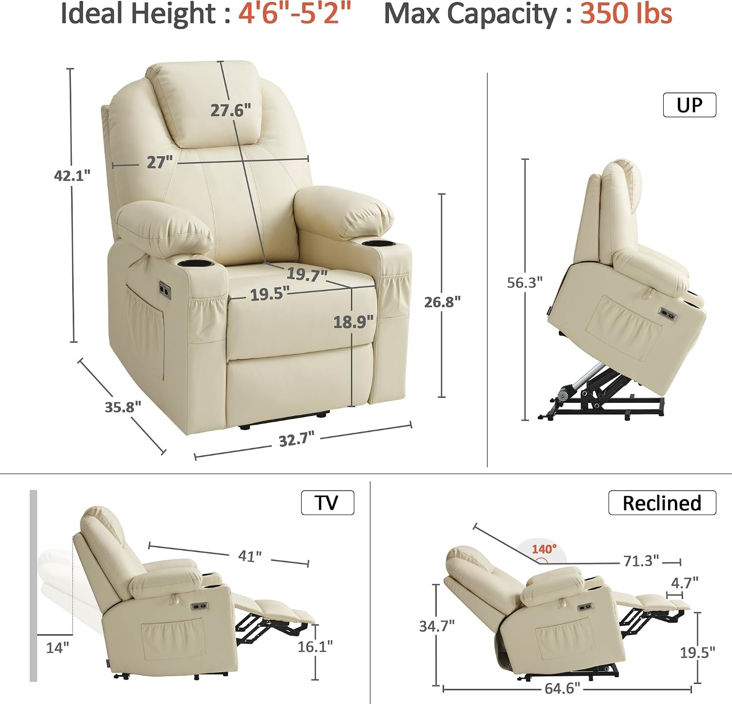 image:imageMCombo Extra Wide Power Lift Recliner Chair for Elderly Lift Chair with Heat and Massage for Big People USBampType C Ports Cup Holders Faux Leather R7045 Grey MediumWideCream White