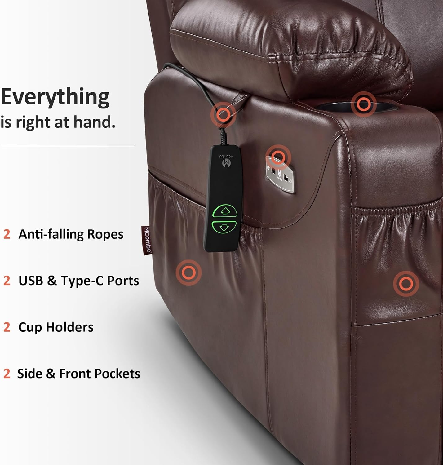 image:imageMCombo Extra Wide Power Lift Recliner Chair for Elderly Lift Chair with Heat and Massage for Big People USBampType C Ports Cup Holders Faux Leather R7045 Grey MediumWideDark Brown