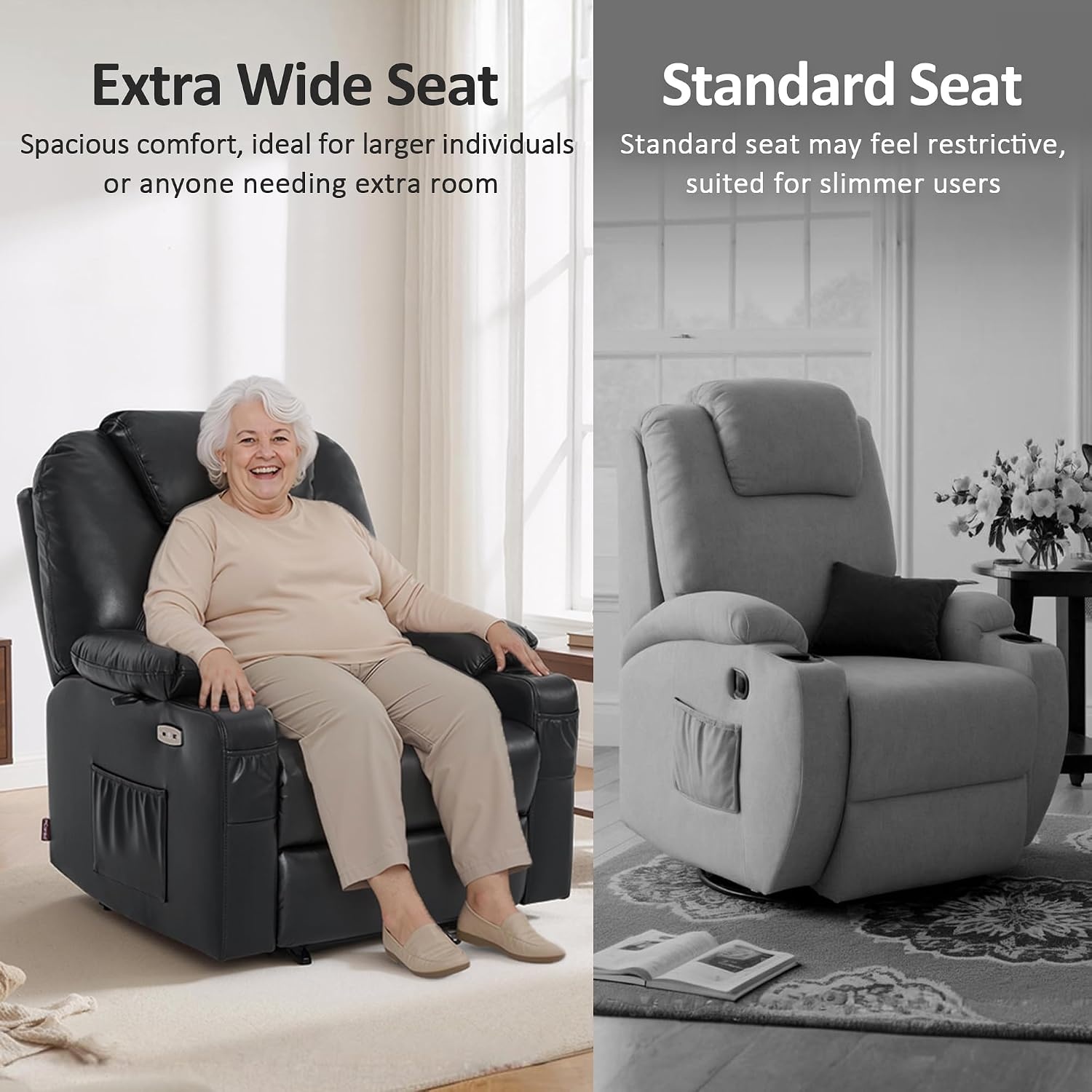 image:imageMCombo Extra Wide Power Lift Recliner Chair for Elderly Lift Chair with Heat and Massage for Big People USBampType C Ports Cup Holders Faux Leather R7045 Grey MediumWideBlack