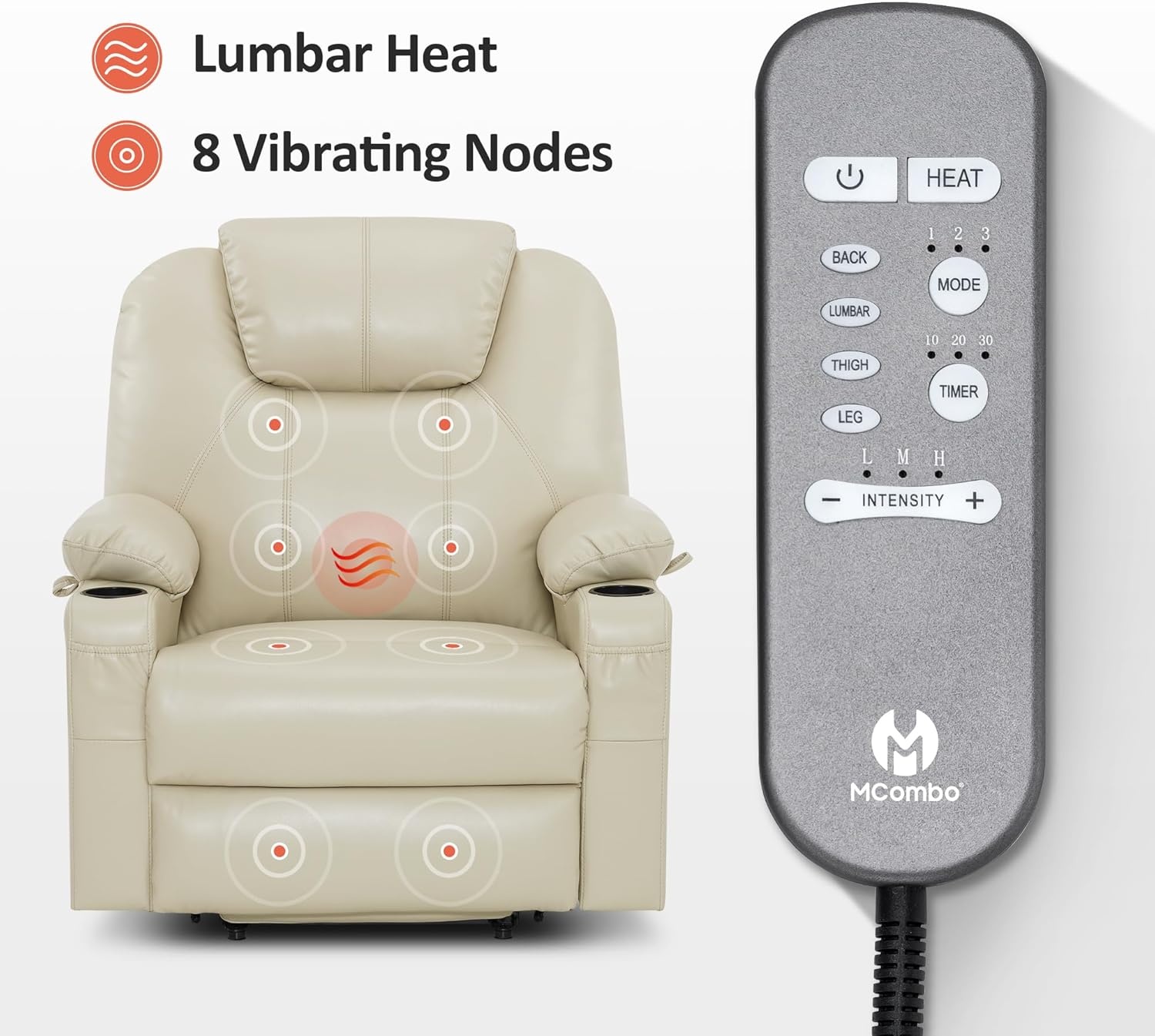 image:imageMCombo Extra Wide Power Lift Recliner Chair for Elderly Lift Chair with Heat and Massage for Big People USBampType C Ports Cup Holders Faux Leather R7045 Grey MediumWideCream White