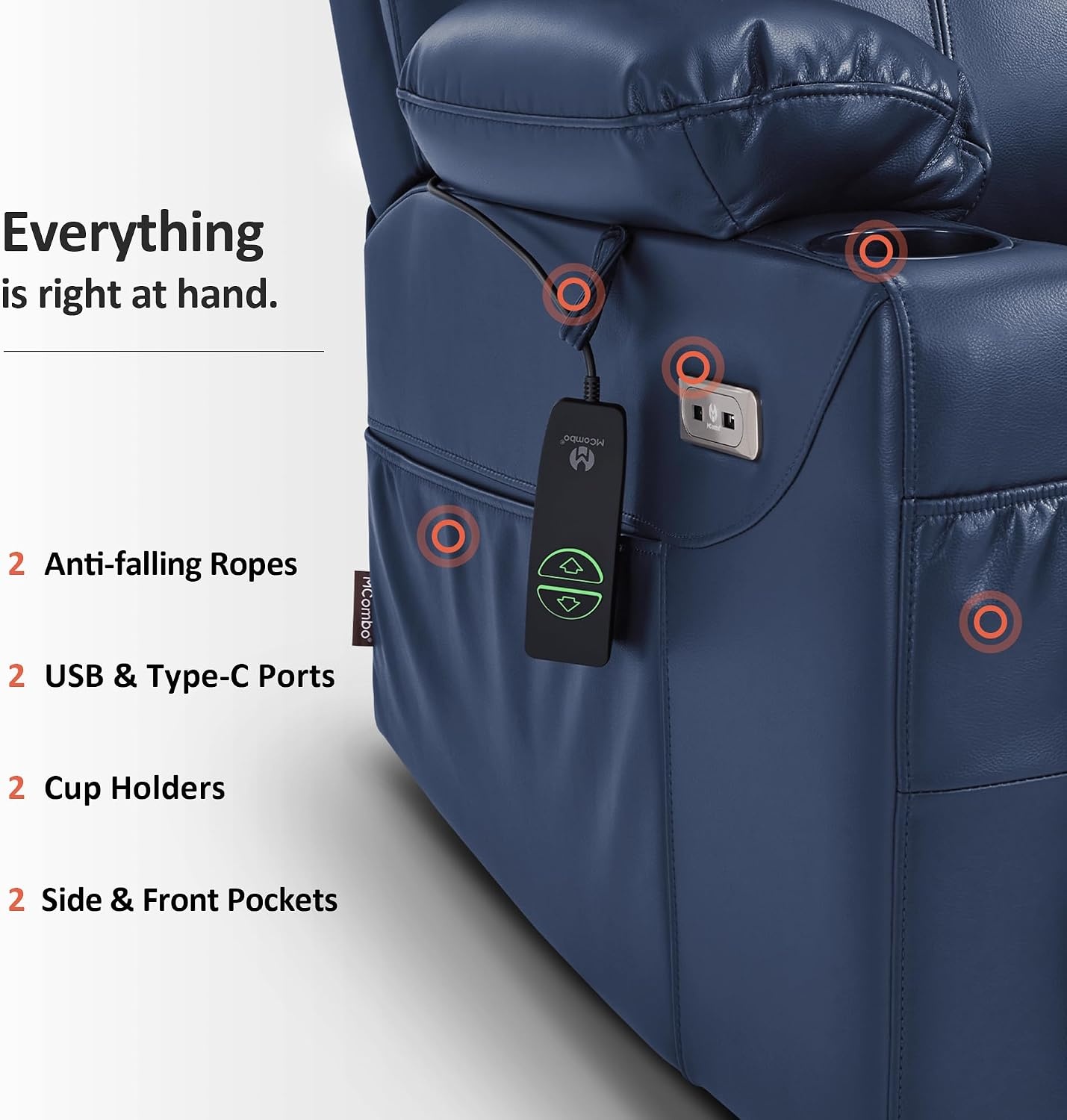 image:imageMCombo Extra Wide Power Lift Recliner Chair for Elderly Lift Chair with Heat and Massage for Big People USBampType C Ports Cup Holders Faux Leather R7045 Grey MediumWideBlue
