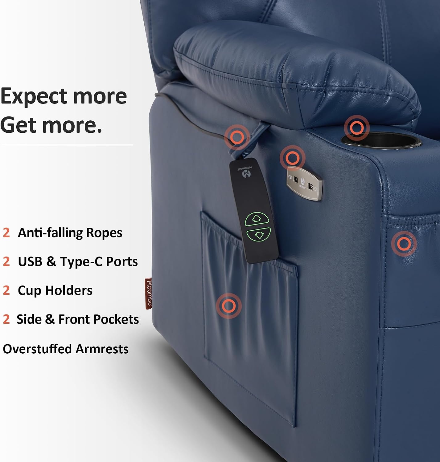 image:imageMCombo Extra Wide Power Lift Recliner Chair for Elderly Lift Chair with Heat and Massage for Big People USBampType C Ports Cup Holders Faux Leather R7045 Grey MediumWideBlue