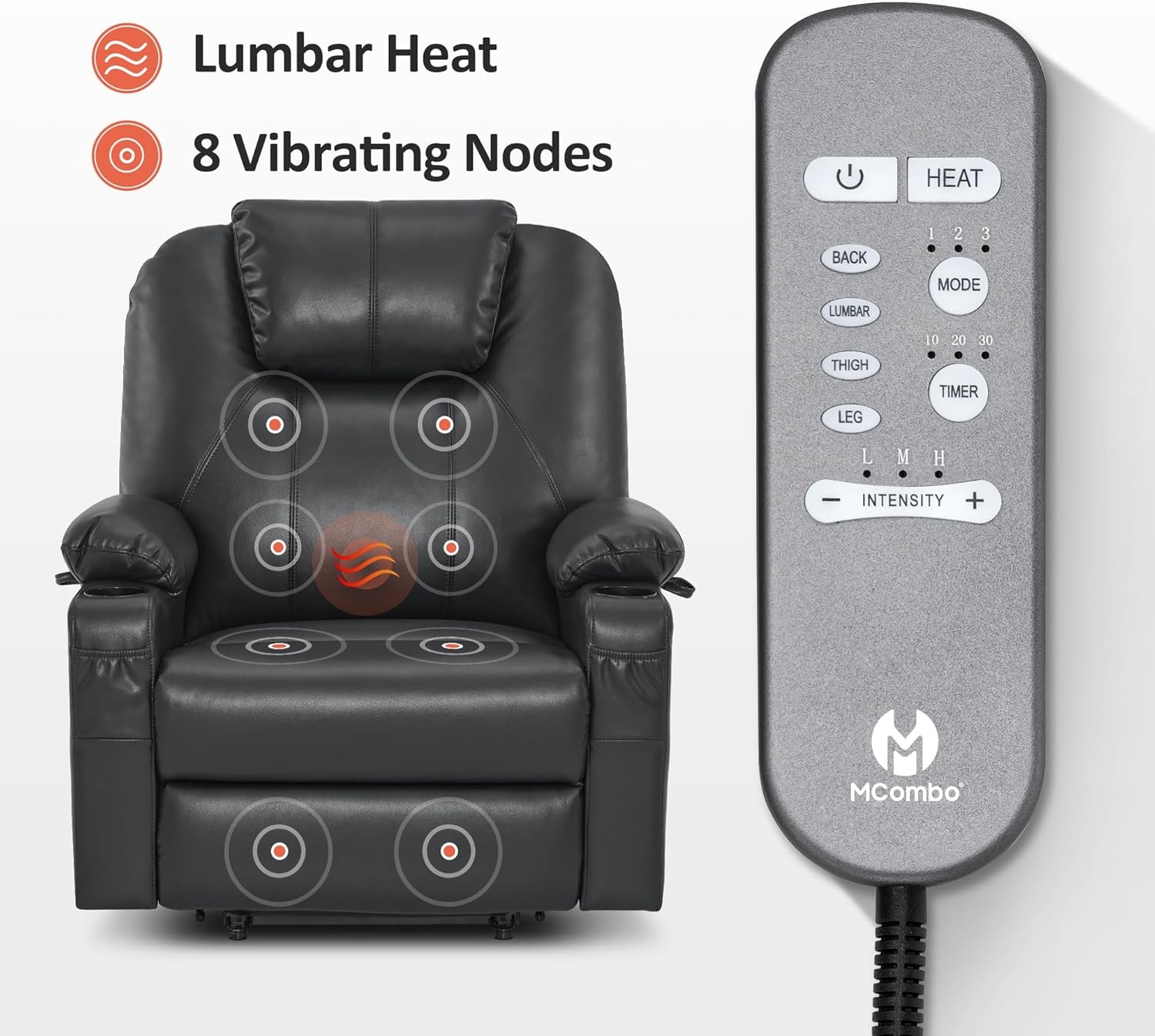 image:imageMCombo Extra Wide Power Lift Recliner Chair for Elderly Lift Chair with Heat and Massage for Big People USBampType C Ports Cup Holders Faux Leather R7045 Grey MediumWideBlack