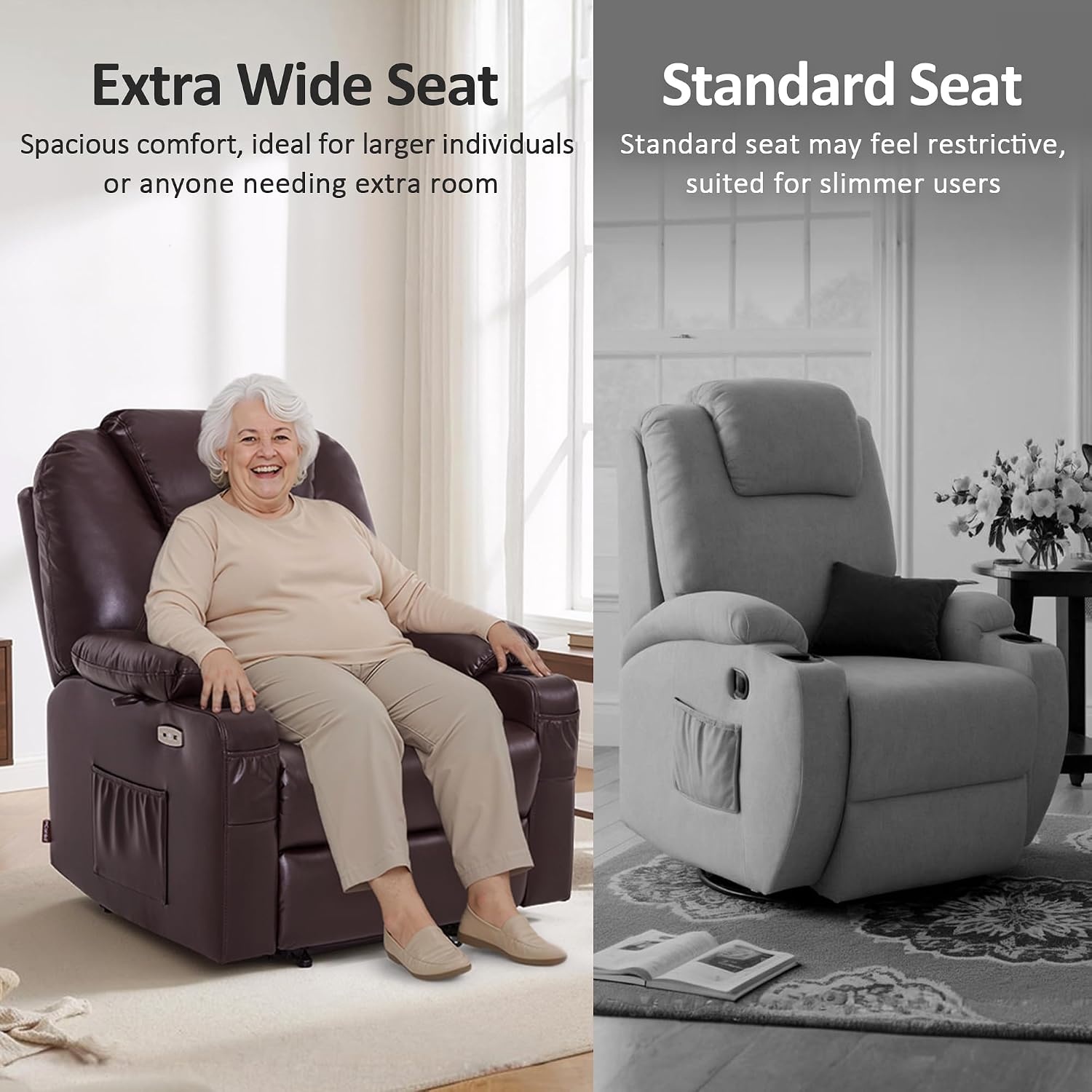 image:imageMCombo Extra Wide Power Lift Recliner Chair for Elderly Lift Chair with Heat and Massage for Big People USBampType C Ports Cup Holders Faux Leather R7045 Grey MediumWideDark Brown