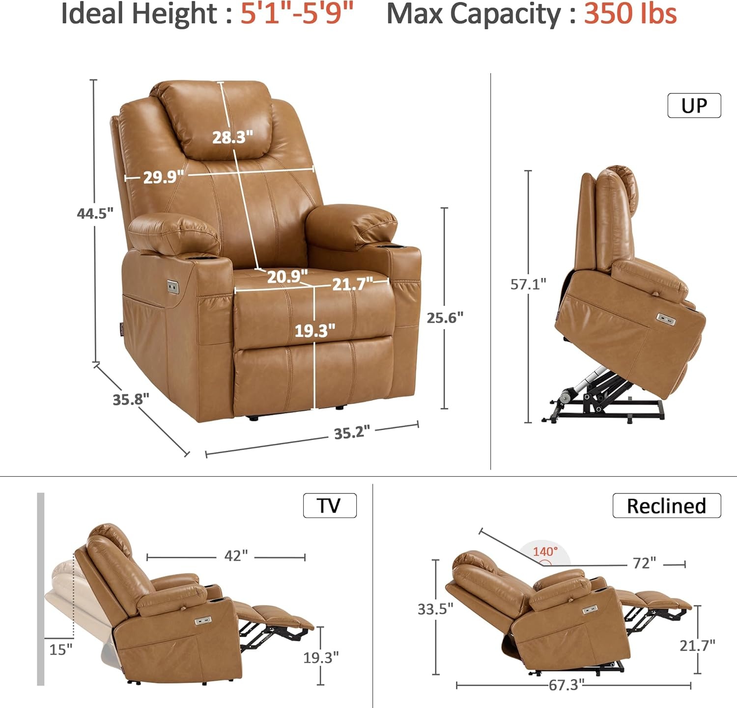 image:imageMCombo Extra Wide Power Lift Recliner Chair for Elderly Lift Chair with Heat and Massage for Big People USBampType C Ports Cup Holders Faux Leather R7045 Grey MediumWideTawny