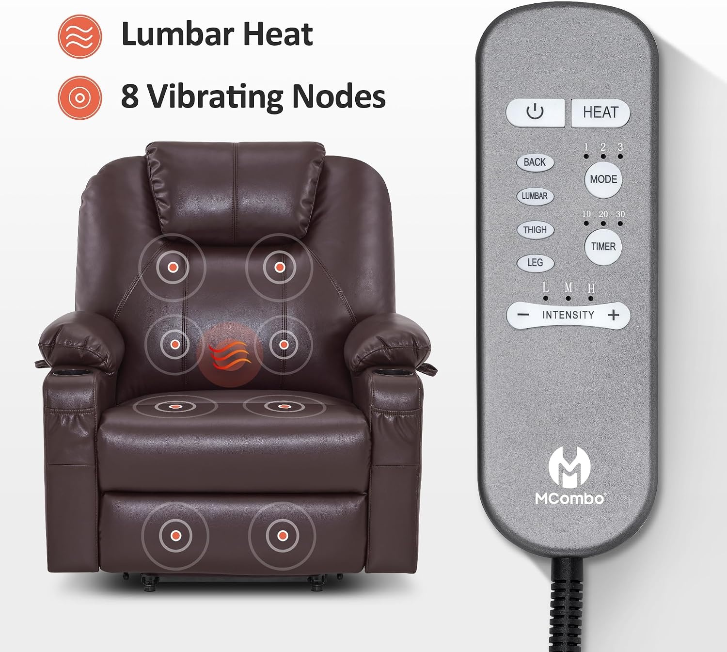 image:imageMCombo Extra Wide Power Lift Recliner Chair for Elderly Lift Chair with Heat and Massage for Big People USBampType C Ports Cup Holders Faux Leather R7045 Grey MediumWideDark Brown