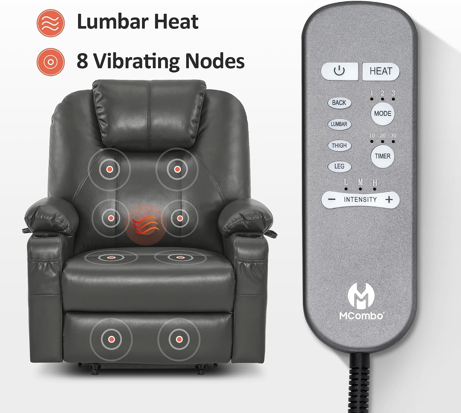image:imageMCombo Extra Wide Power Lift Recliner Chair for Elderly Lift Chair with Heat and Massage for Big People USBampType C Ports Cup Holders Faux Leather R7045 Grey MediumWideGrey