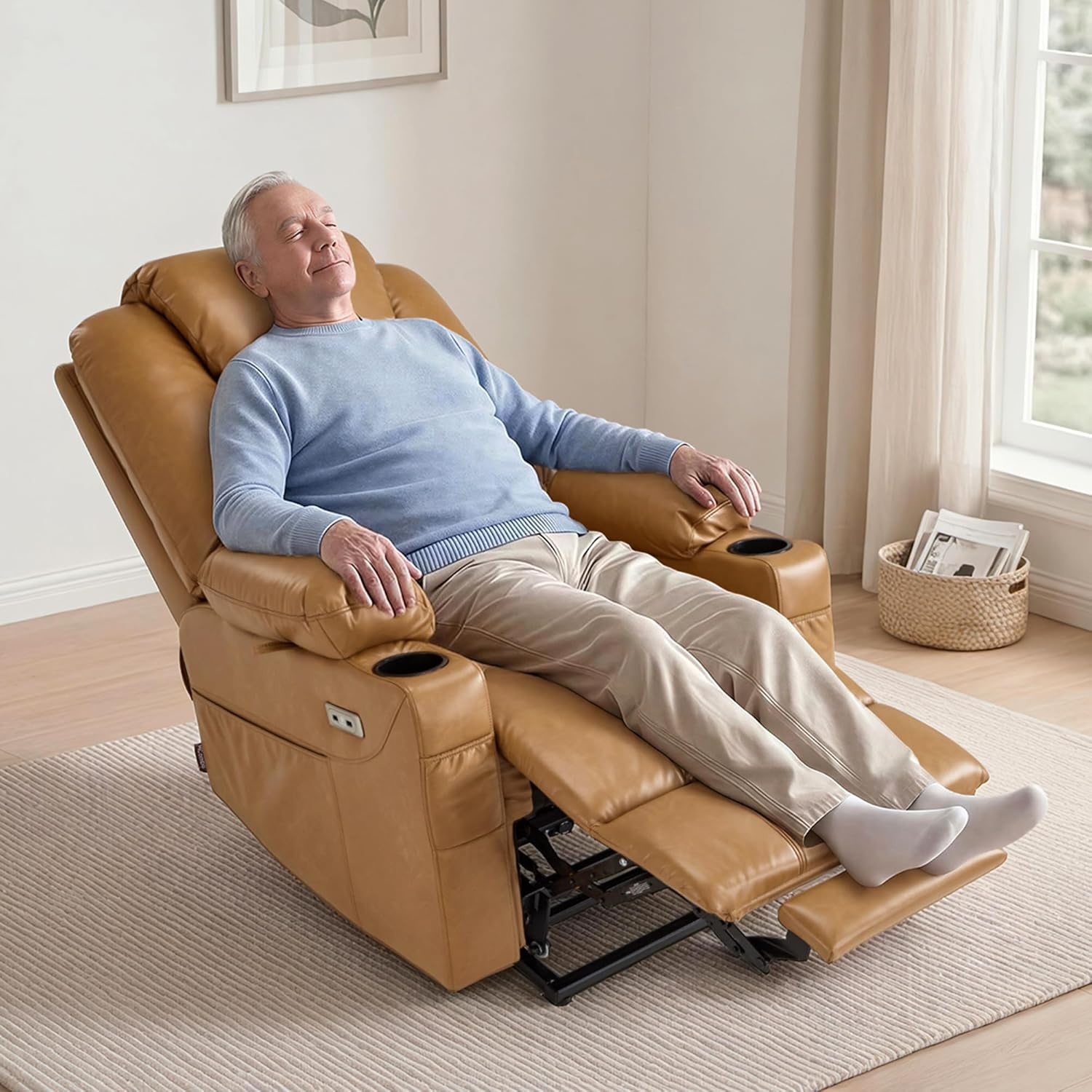 image:imageMCombo Extra Wide Power Lift Recliner Chair for Elderly Lift Chair with Heat and Massage for Big People USBampType C Ports Cup Holders Faux Leather R7045 Grey MediumWideTawny