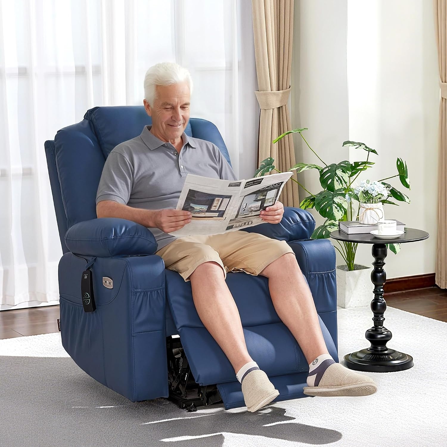 image:imageMCombo Extra Wide Power Lift Recliner Chair for Elderly Lift Chair with Heat and Massage for Big People USBampType C Ports Cup Holders Faux Leather R7045 Grey MediumWideBlue