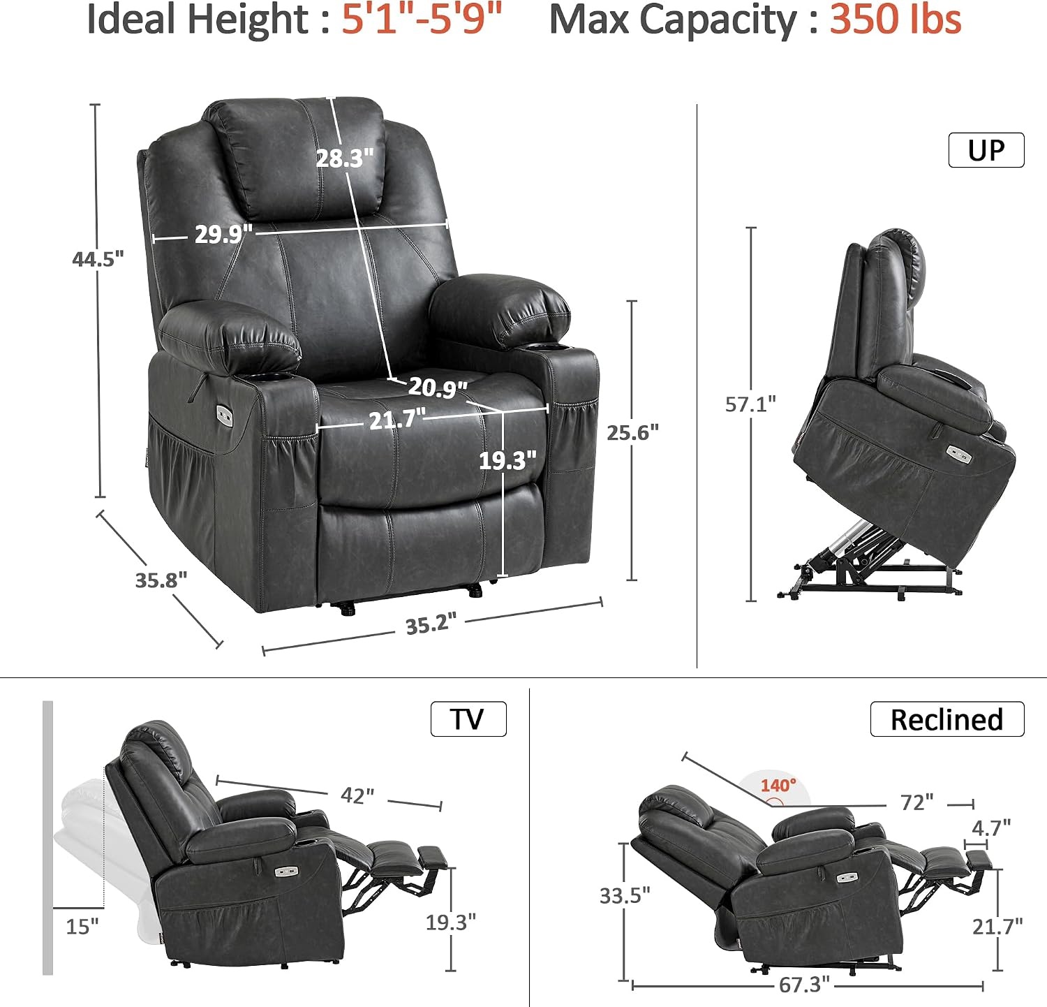 image:imageMCombo Extra Wide Power Lift Recliner Chair for Elderly Lift Chair with Heat and Massage for Big People USBampType C Ports Cup Holders Faux Leather R7045 Grey MediumWideGrey