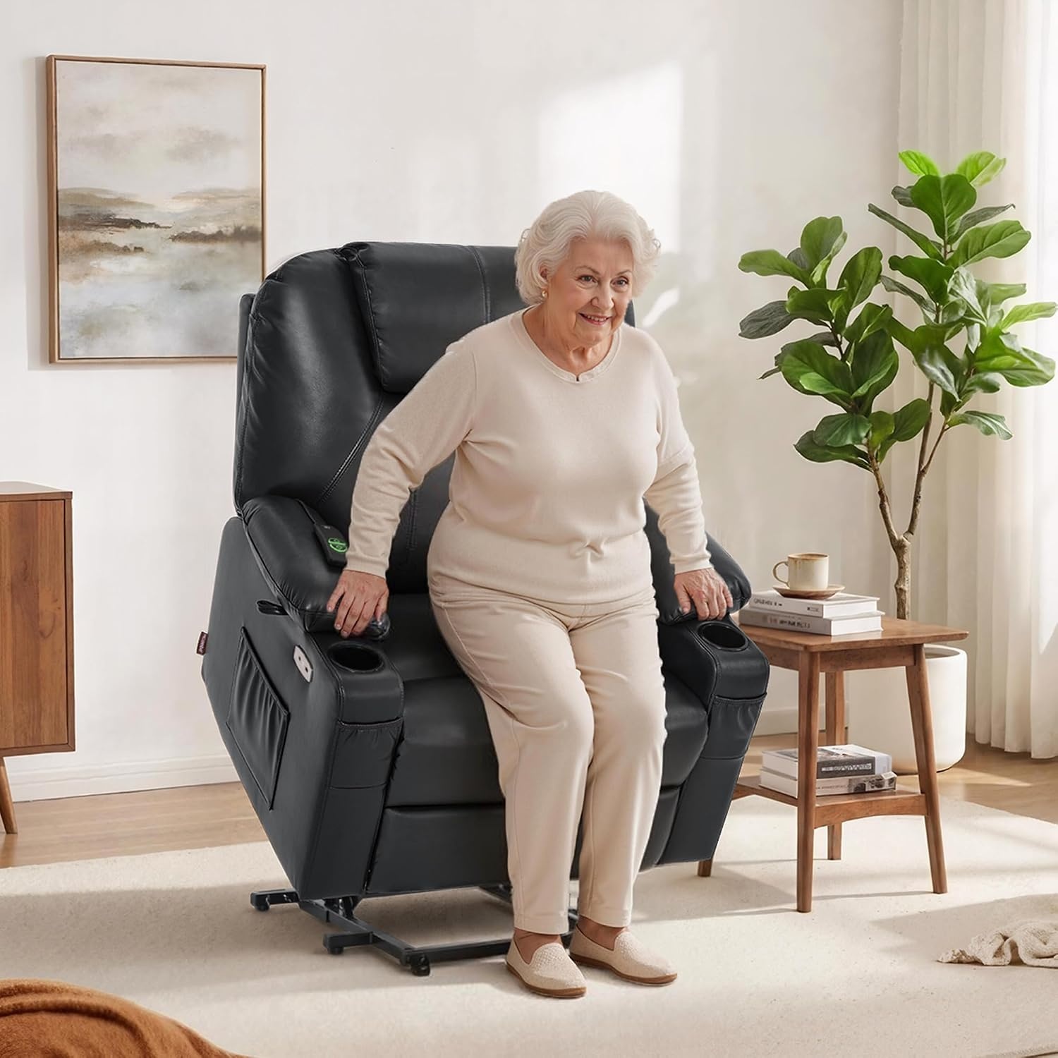 image:imageMCombo Extra Wide Power Lift Recliner Chair for Elderly Lift Chair with Heat and Massage for Big People USBampType C Ports Cup Holders Faux Leather R7045 Grey MediumWideBlack