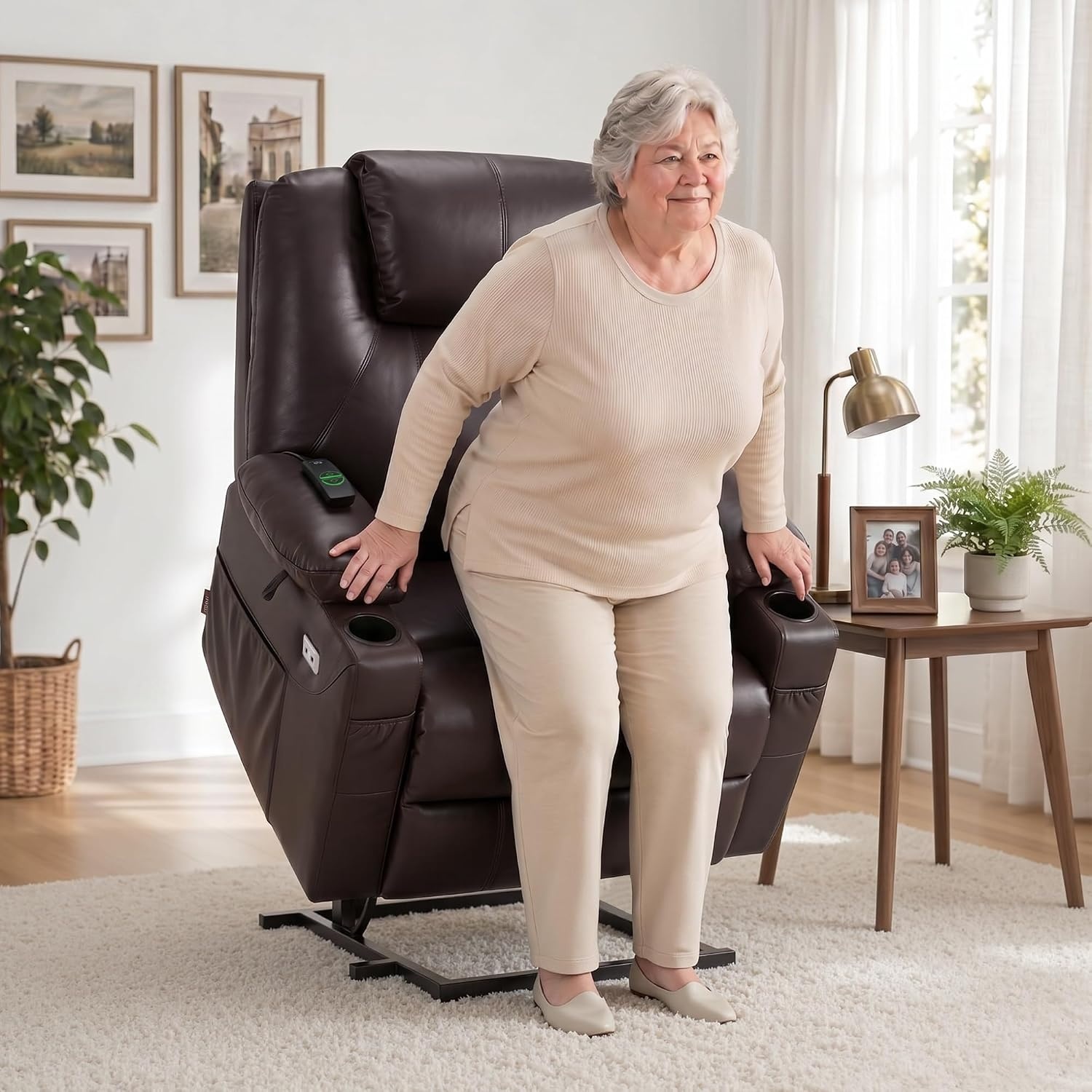 image:imageMCombo Extra Wide Power Lift Recliner Chair for Elderly Lift Chair with Heat and Massage for Big People USBampType C Ports Cup Holders Faux Leather R7045 Grey MediumWideDark Brown