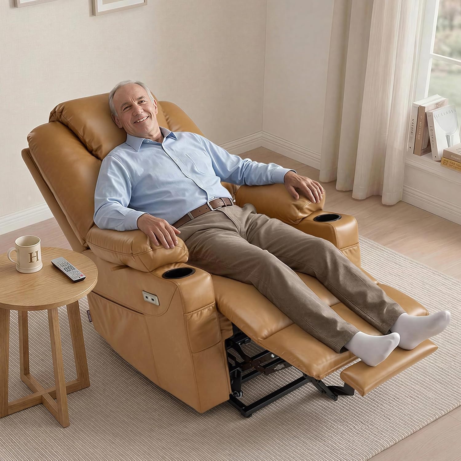 image:imageMCombo Extra Wide Power Lift Recliner Chair for Elderly Lift Chair with Heat and Massage for Big People USBampType C Ports Cup Holders Faux Leather R7045 Grey MediumWideTawny