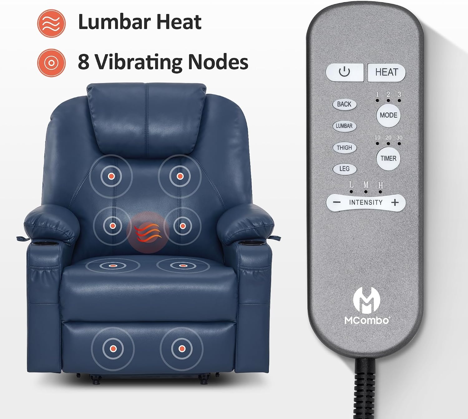 image:imageMCombo Extra Wide Power Lift Recliner Chair for Elderly Lift Chair with Heat and Massage for Big People USBampType C Ports Cup Holders Faux Leather R7045 Grey MediumWideBlue