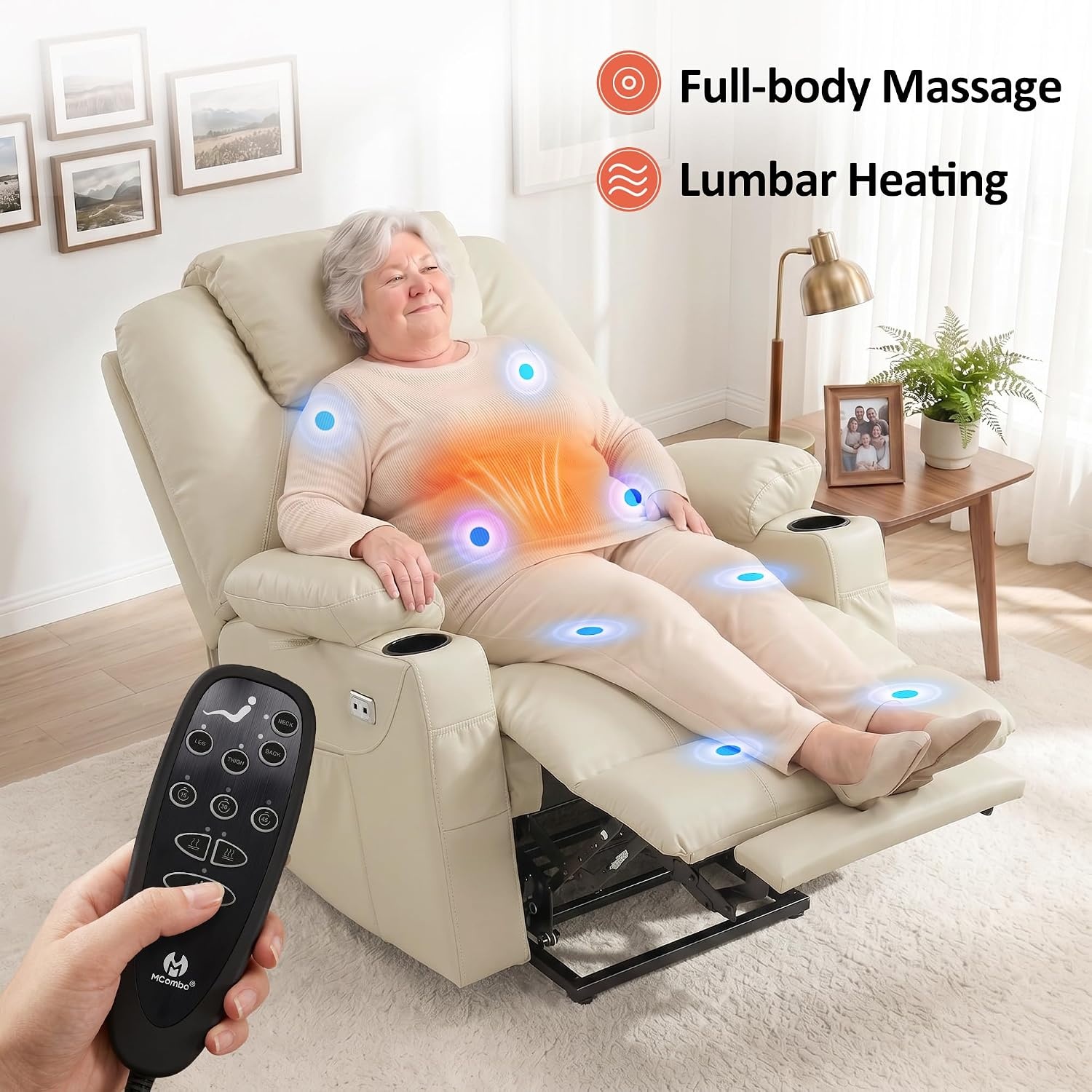 image:imageMCombo Extra Wide Power Lift Recliner Chair for Elderly Lift Chair with Heat and Massage for Big People USBampType C Ports Cup Holders Faux Leather R7045 Grey MediumWideCream White