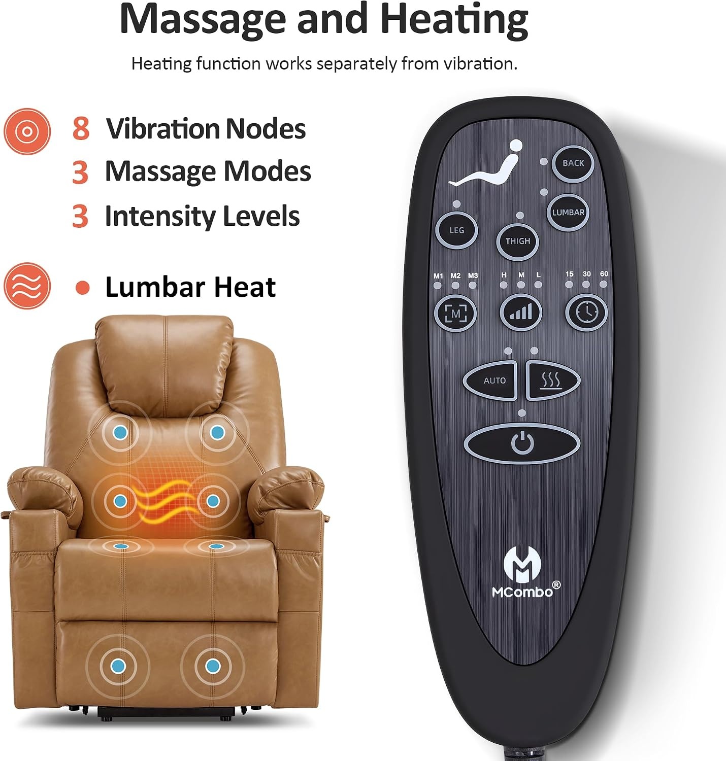 image:imageMCombo Extra Wide Power Lift Recliner Chair for Elderly Lift Chair with Heat and Massage for Big People USBampType C Ports Cup Holders Faux Leather R7045 Grey MediumWideTawny