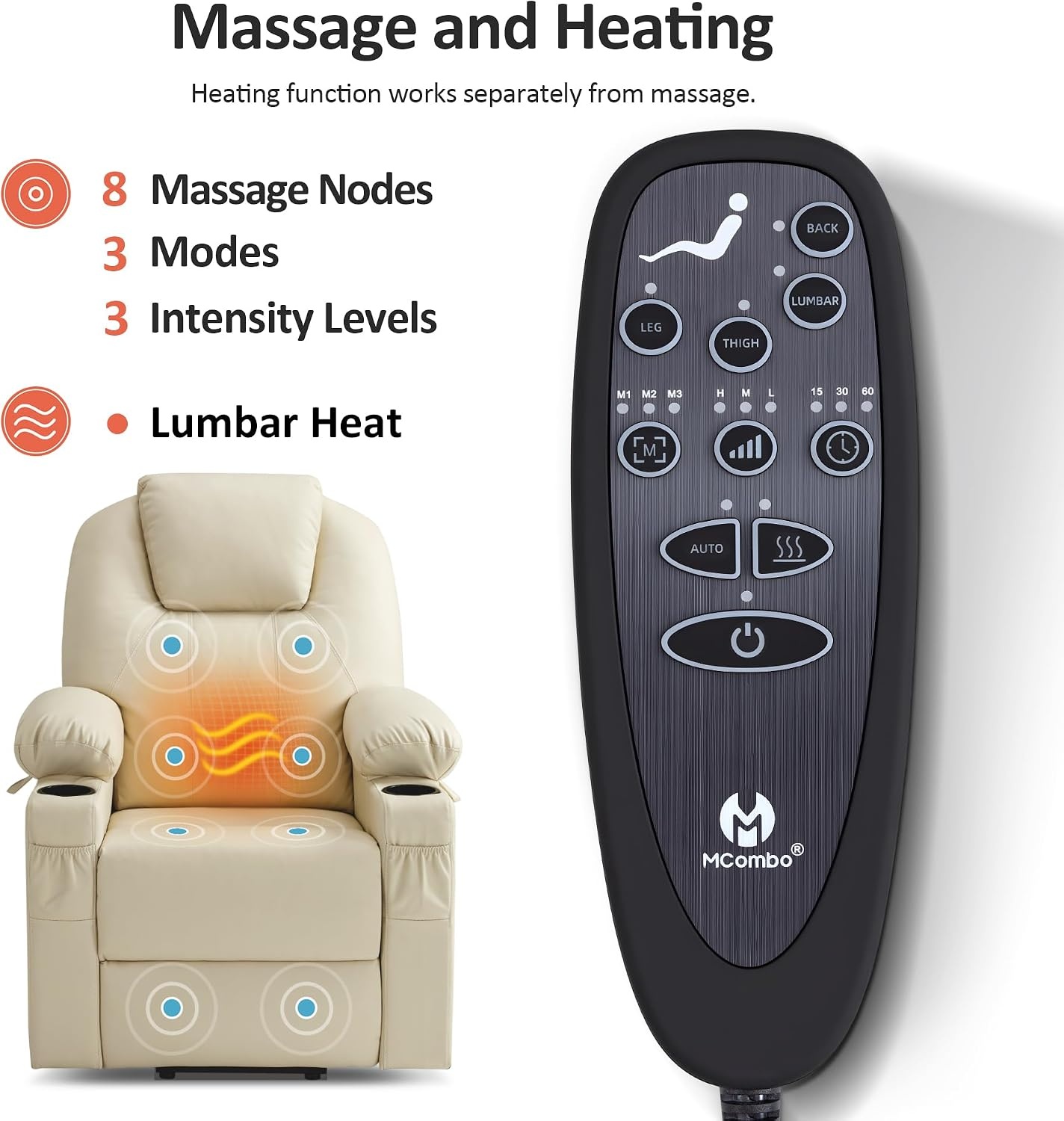 image:imageMCombo Extra Wide Power Lift Recliner Chair for Elderly Lift Chair with Heat and Massage for Big People USBampType C Ports Cup Holders Faux Leather R7045 Grey MediumWideCream White