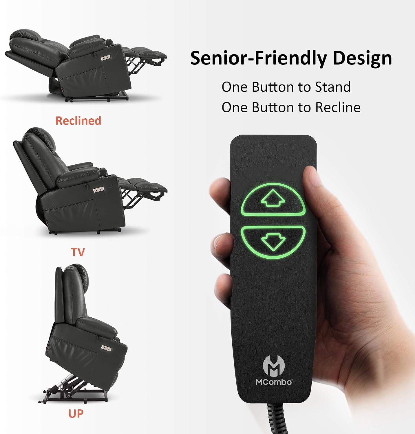 image:imageMCombo Extra Wide Power Lift Recliner Chair for Elderly Lift Chair with Heat and Massage for Big People USBampType C Ports Cup Holders Faux Leather R7045 Grey MediumWideGrey