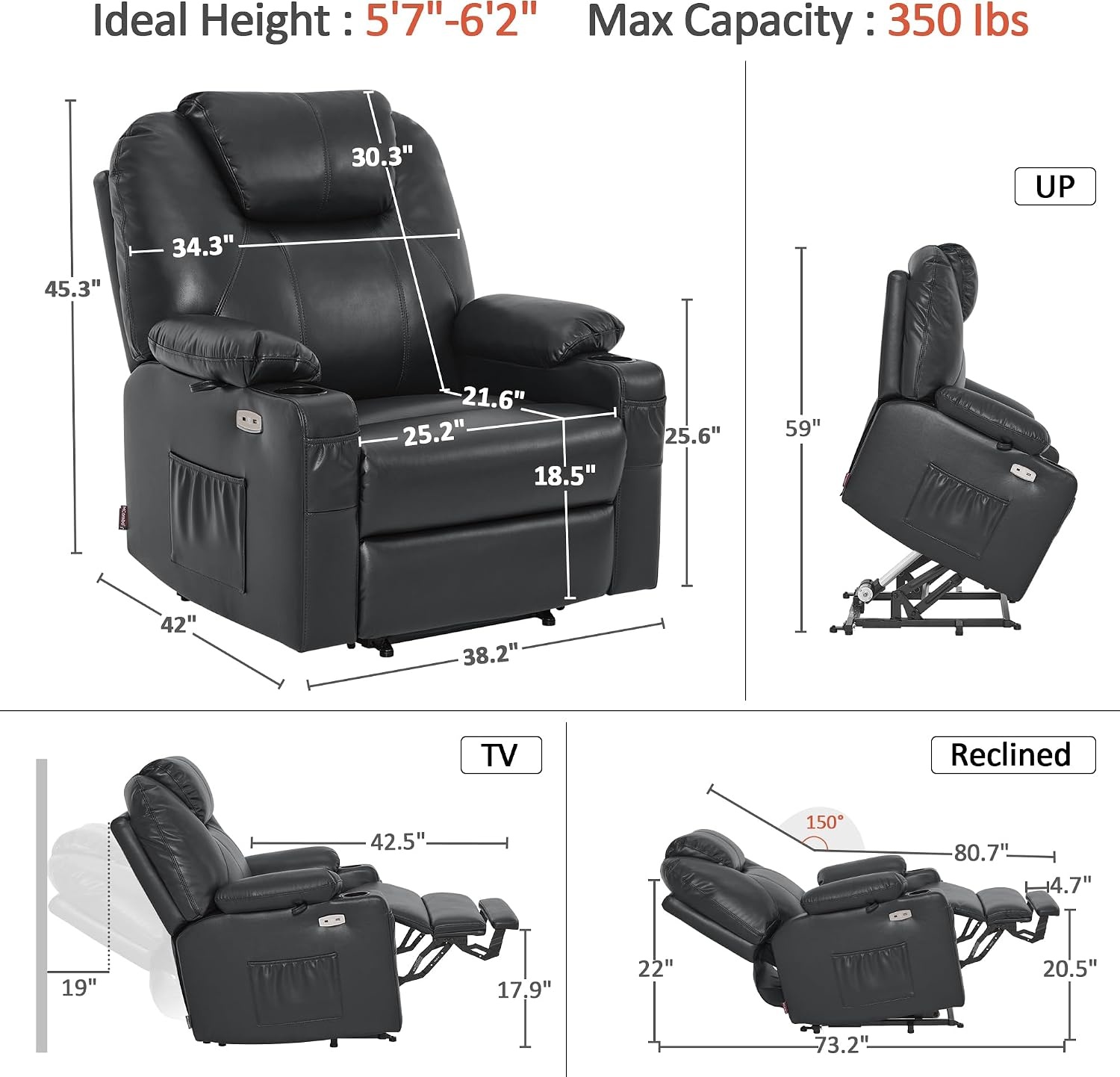image:imageMCombo Extra Wide Power Lift Recliner Chair for Elderly Lift Chair with Heat and Massage for Big People USBampType C Ports Cup Holders Faux Leather R7045 Grey MediumWideBlack