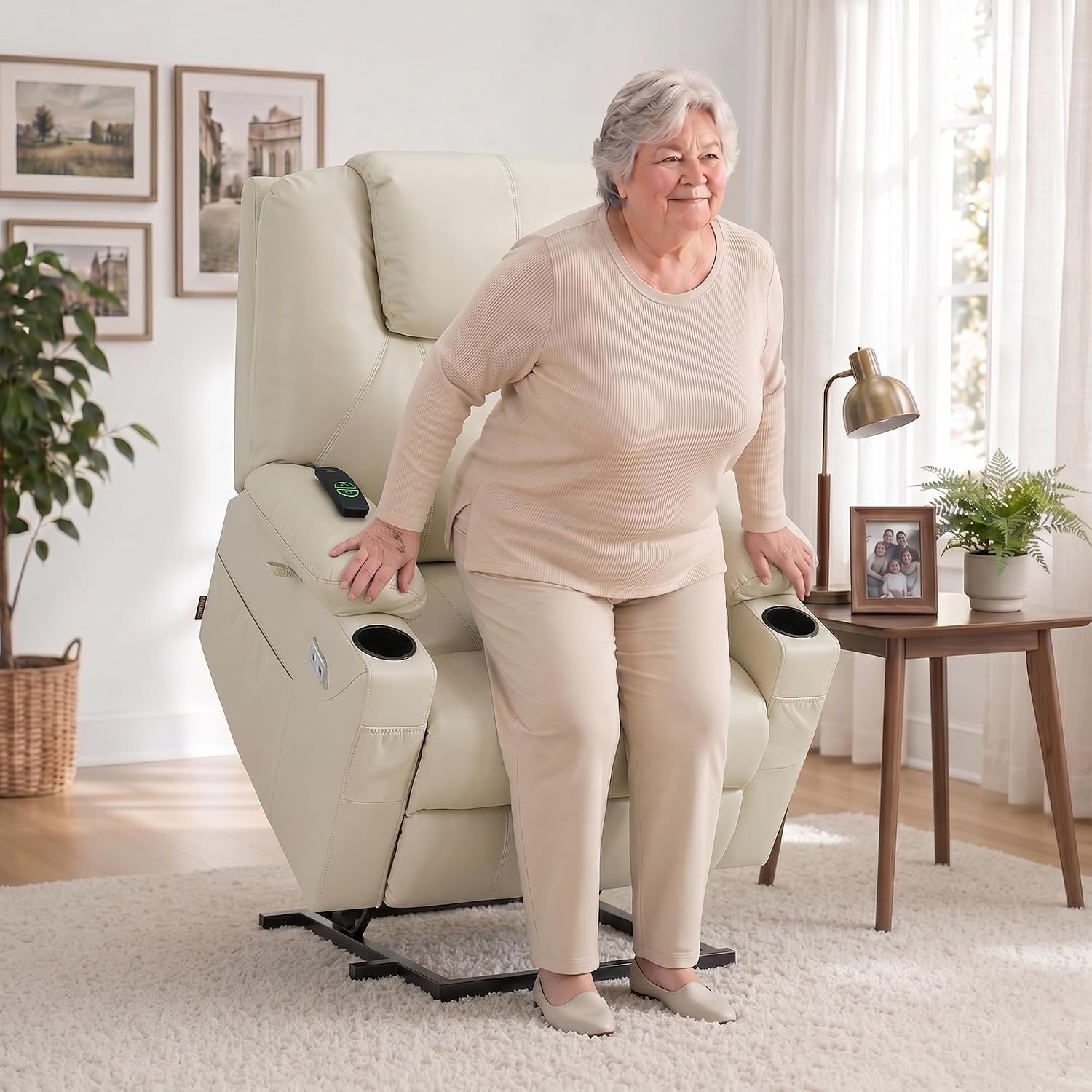 image:imageMCombo Extra Wide Power Lift Recliner Chair for Elderly Lift Chair with Heat and Massage for Big People USBampType C Ports Cup Holders Faux Leather R7045 Grey MediumWideCream White