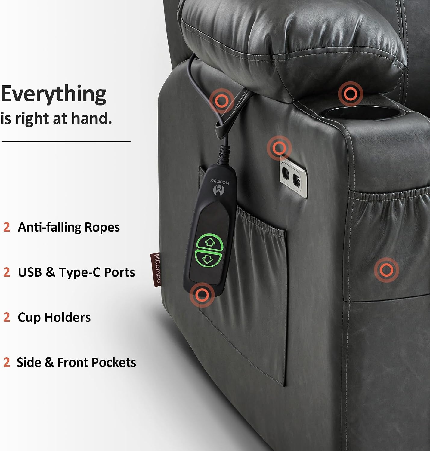image:imageMCombo Extra Wide Power Lift Recliner Chair for Elderly Lift Chair with Heat and Massage for Big People USBampType C Ports Cup Holders Faux Leather R7045 Grey MediumWideGrey