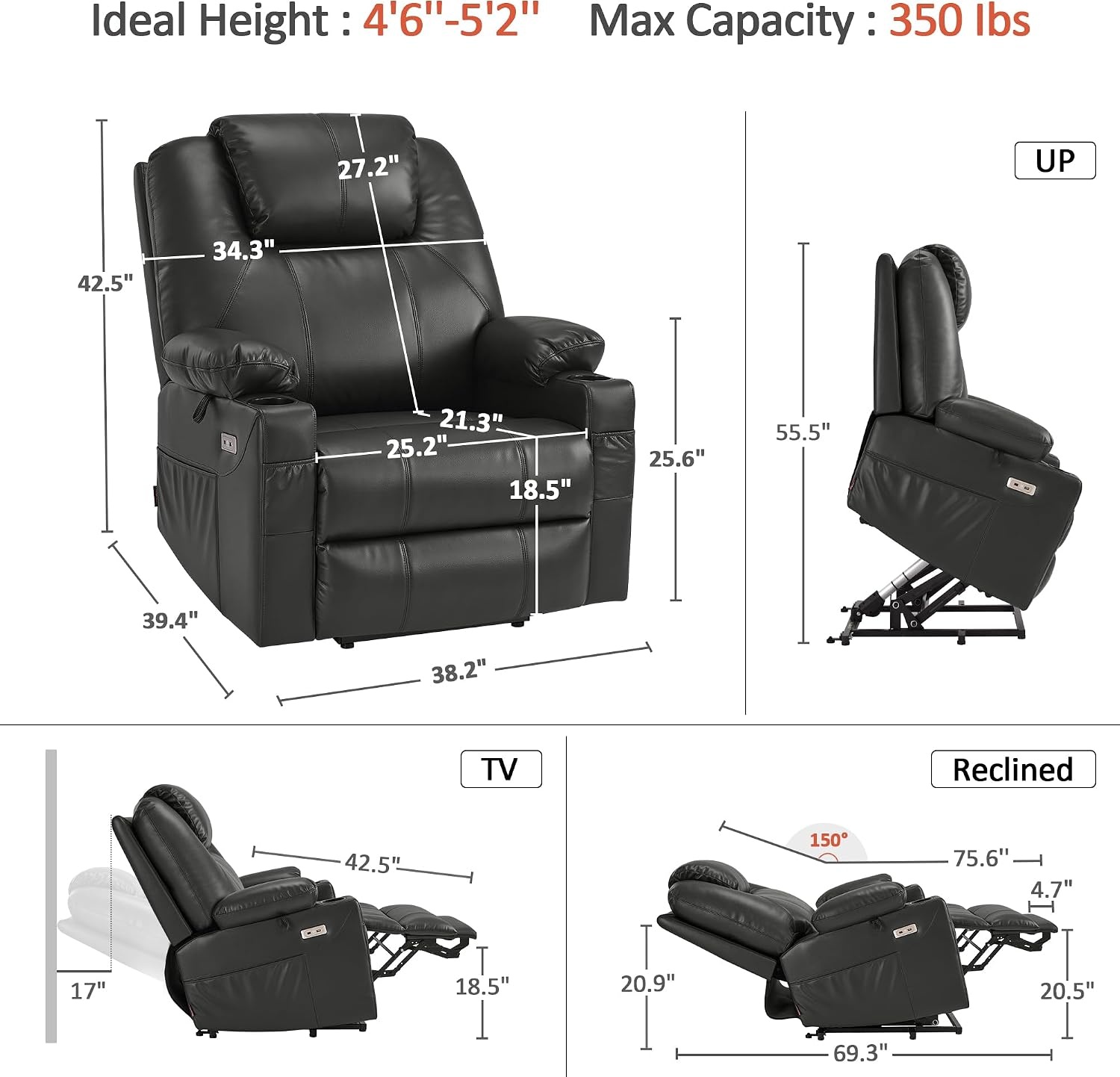 image:imageMCombo Extra Wide Power Lift Recliner Chair for Elderly Lift Chair with Heat and Massage for Big People USBampType C Ports Cup Holders Faux Leather R7045 Grey MediumWideGrey