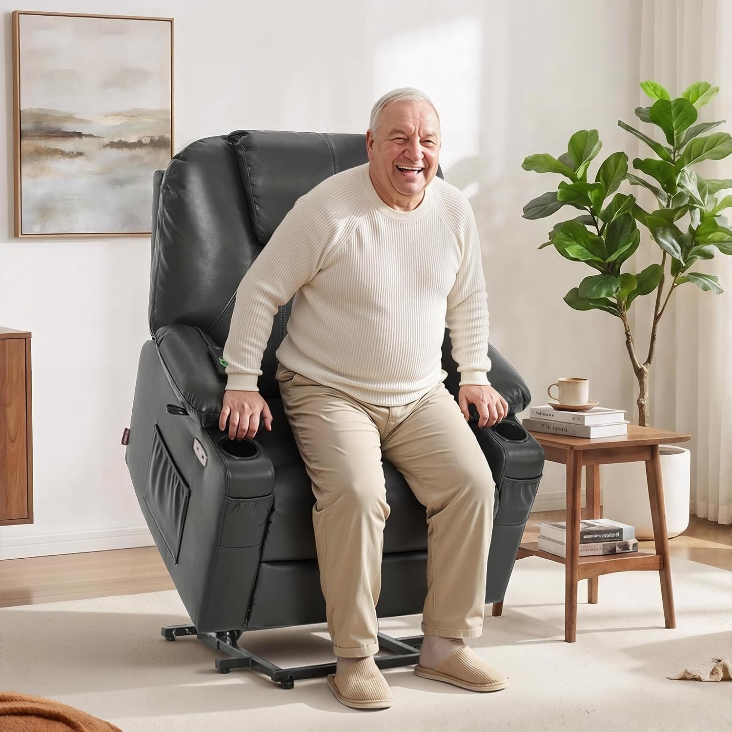 image:imageMCombo Extra Wide Power Lift Recliner Chair for Elderly Lift Chair with Heat and Massage for Big People USBampType C Ports Cup Holders Faux Leather R7045 Grey MediumWideGrey