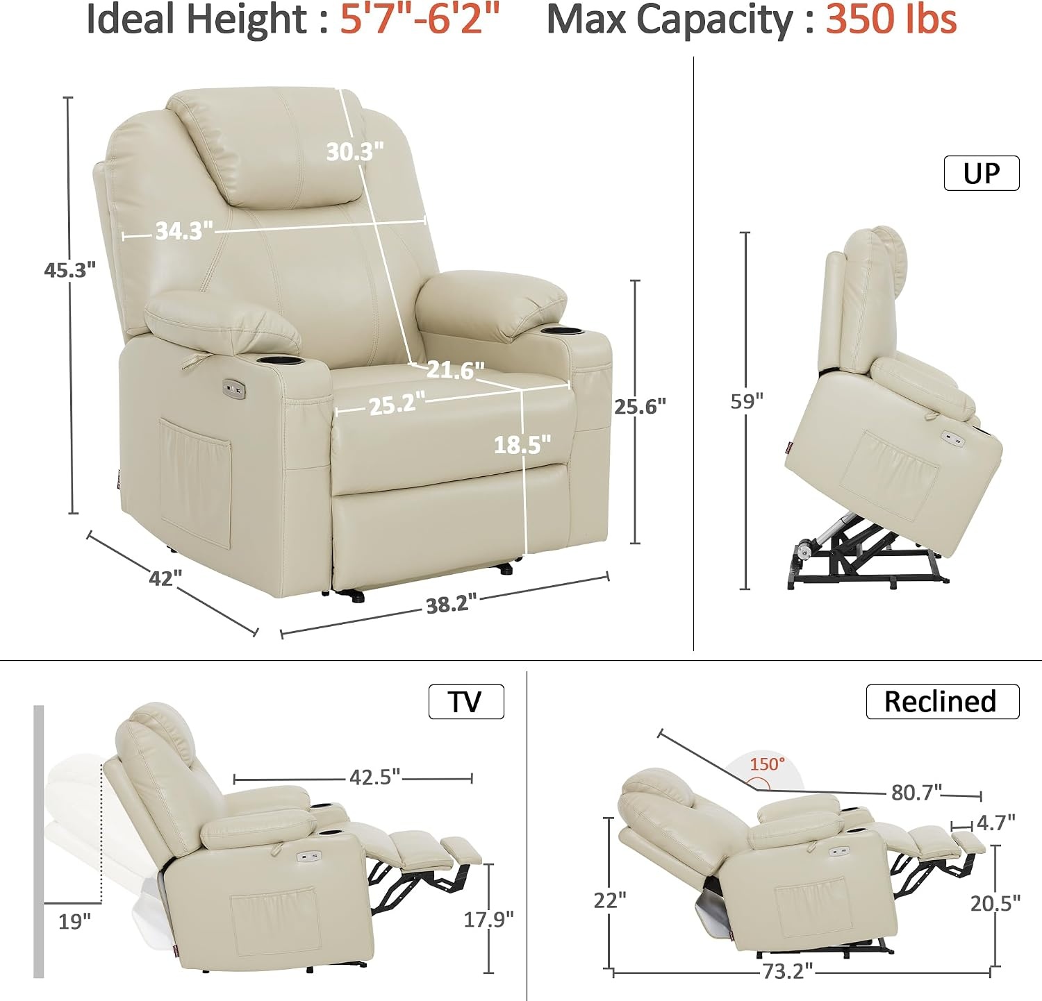 image:imageMCombo Extra Wide Power Lift Recliner Chair for Elderly Lift Chair with Heat and Massage for Big People USBampType C Ports Cup Holders Faux Leather R7045 Grey MediumWideCream White