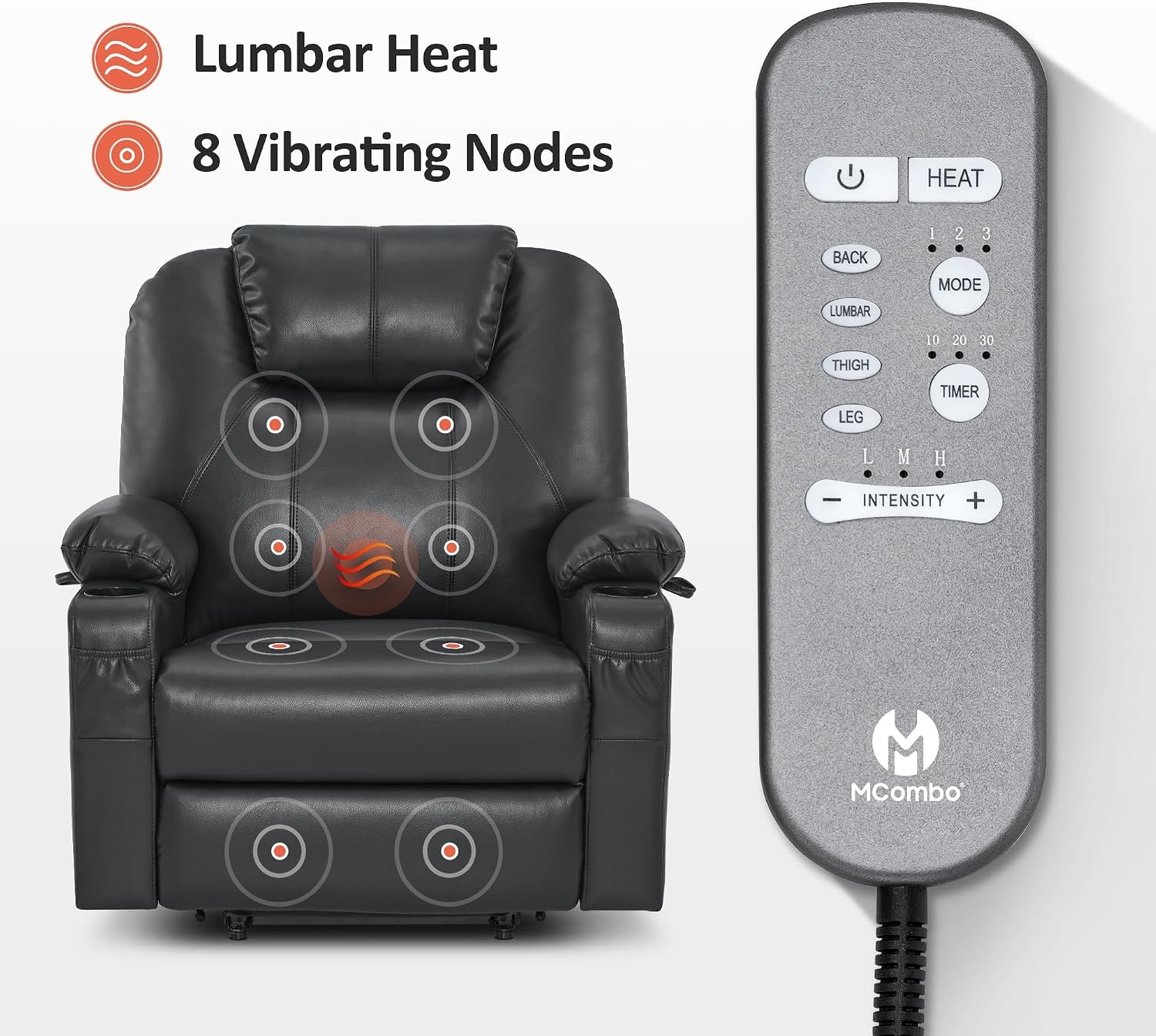image:imageMCombo Extra Wide Power Lift Recliner Chair for Elderly Lift Chair with Heat and Massage for Big People USBampType C Ports Cup Holders Faux Leather R7045 Grey MediumWideBlack