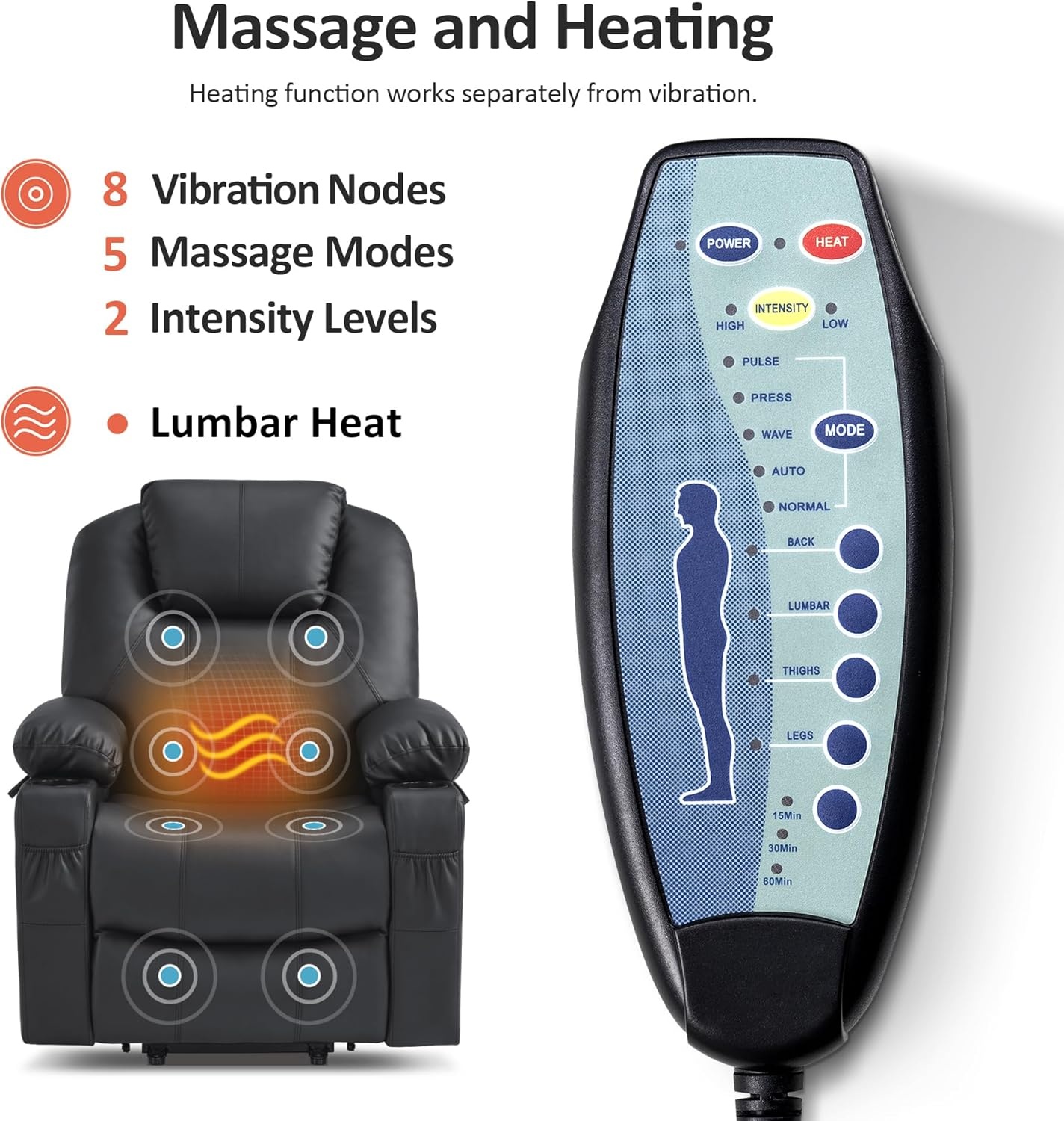 image:imageMCombo Extra Wide Power Lift Recliner Chair for Elderly Lift Chair with Heat and Massage for Big People USBampType C Ports Cup Holders Faux Leather R7045 Grey MediumWideBlack