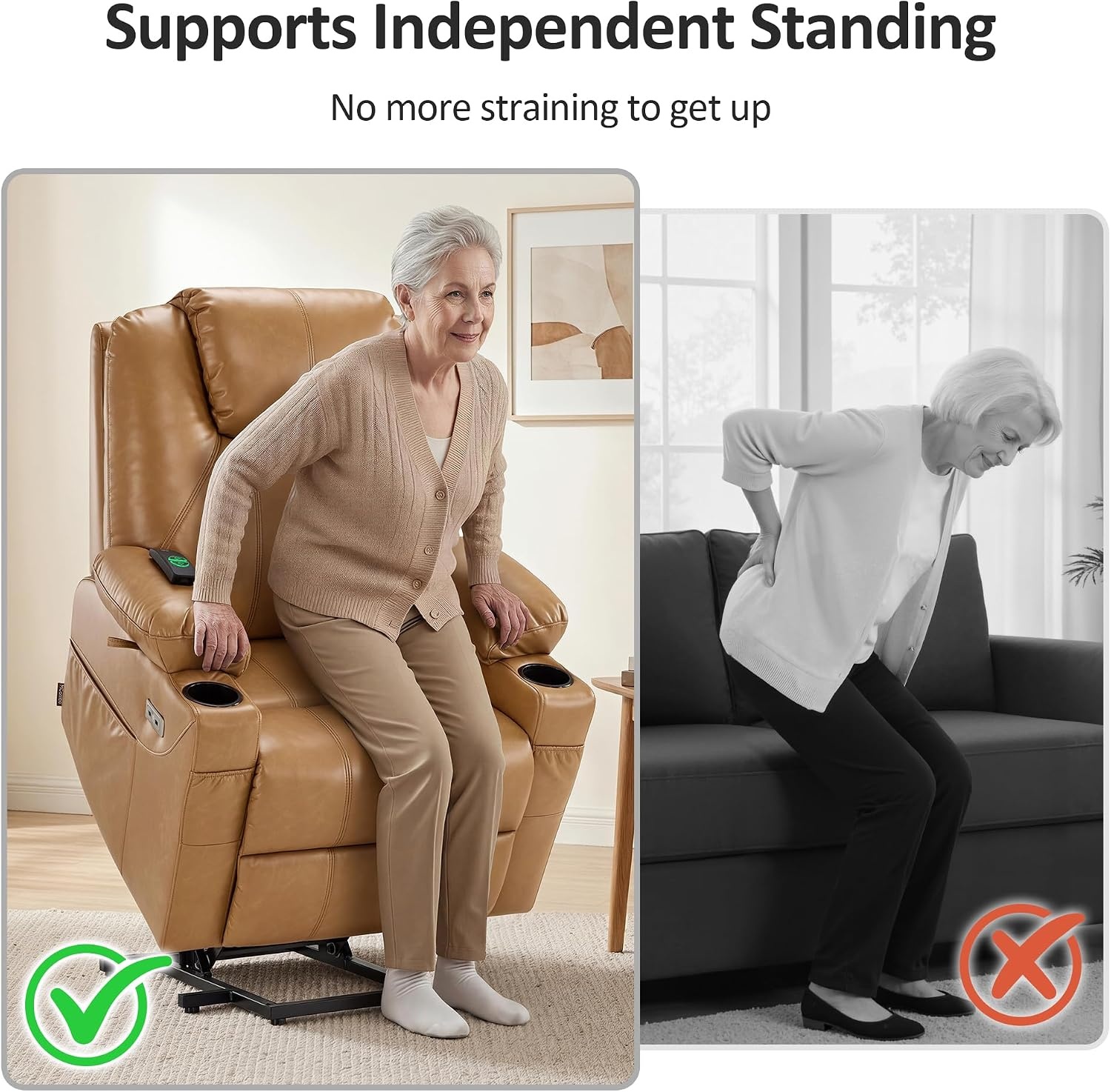 image:imageMCombo Extra Wide Power Lift Recliner Chair for Elderly Lift Chair with Heat and Massage for Big People USBampType C Ports Cup Holders Faux Leather R7045 Grey MediumWideTawny