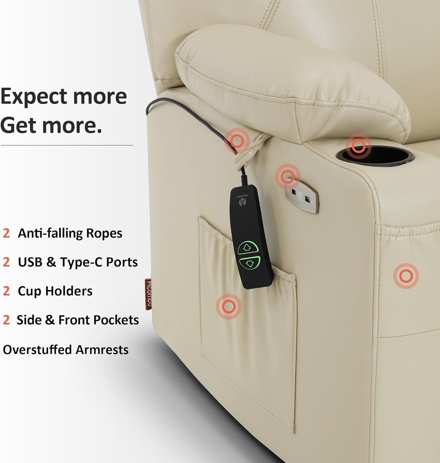 image:imageMCombo Extra Wide Power Lift Recliner Chair for Elderly Lift Chair with Heat and Massage for Big People USBampType C Ports Cup Holders Faux Leather R7045 Grey MediumWideCream White