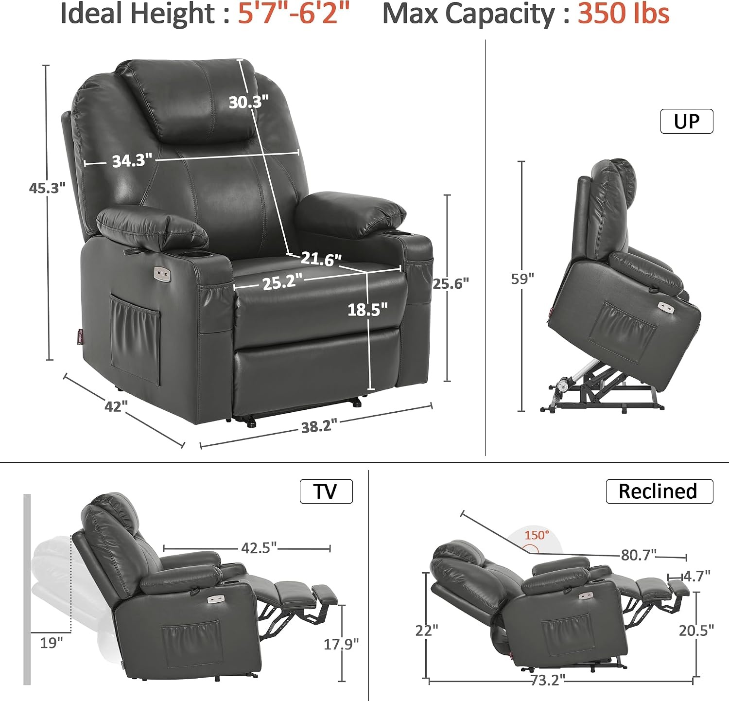 image:imageMCombo Extra Wide Power Lift Recliner Chair for Elderly Lift Chair with Heat and Massage for Big People USBampType C Ports Cup Holders Faux Leather R7045 Grey MediumWideGrey