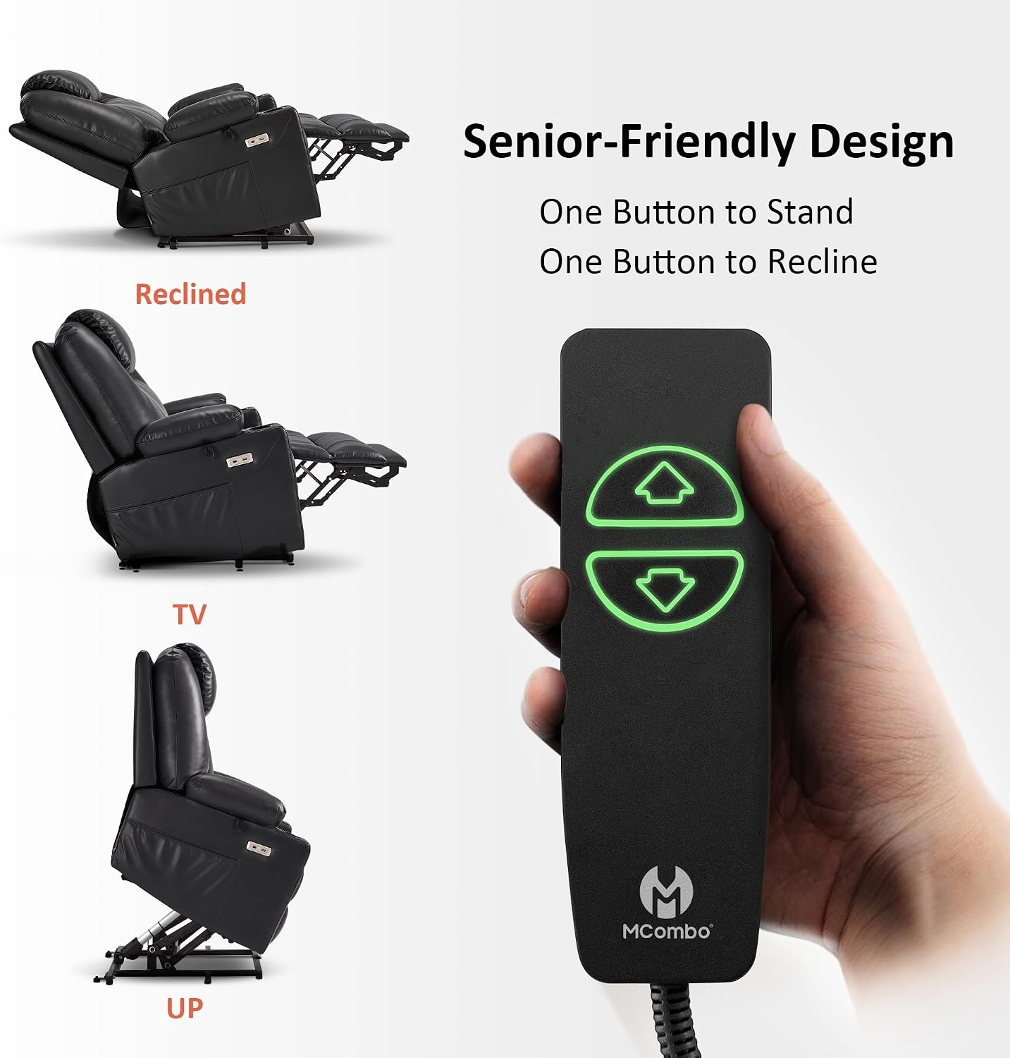 image:imageMCombo Extra Wide Power Lift Recliner Chair for Elderly Lift Chair with Heat and Massage for Big People USBampType C Ports Cup Holders Faux Leather R7045 Grey MediumWideBlack