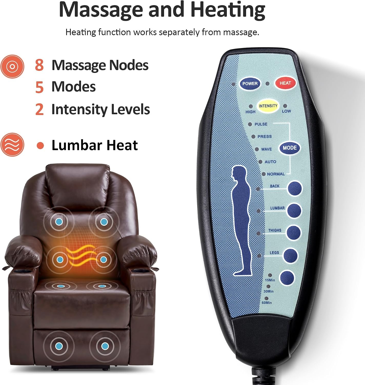 image:imageMCombo Extra Wide Power Lift Recliner Chair for Elderly Lift Chair with Heat and Massage for Big People USBampType C Ports Cup Holders Faux Leather R7045 Grey MediumWideDark Brown