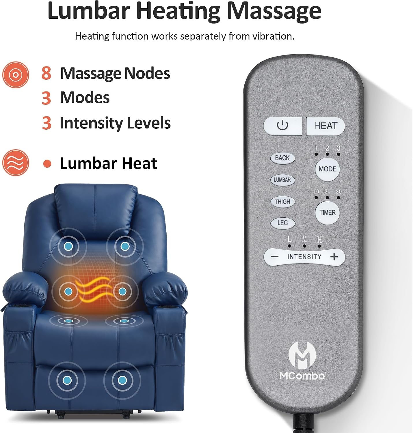 image:imageMCombo Extra Wide Power Lift Recliner Chair for Elderly Lift Chair with Heat and Massage for Big People USBampType C Ports Cup Holders Faux Leather R7045 Grey MediumWideBlue