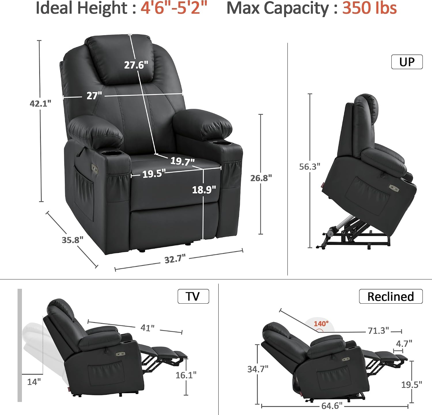 image:imageMCombo Extra Wide Power Lift Recliner Chair for Elderly Lift Chair with Heat and Massage for Big People USBampType C Ports Cup Holders Faux Leather R7045 Grey MediumWideBlack