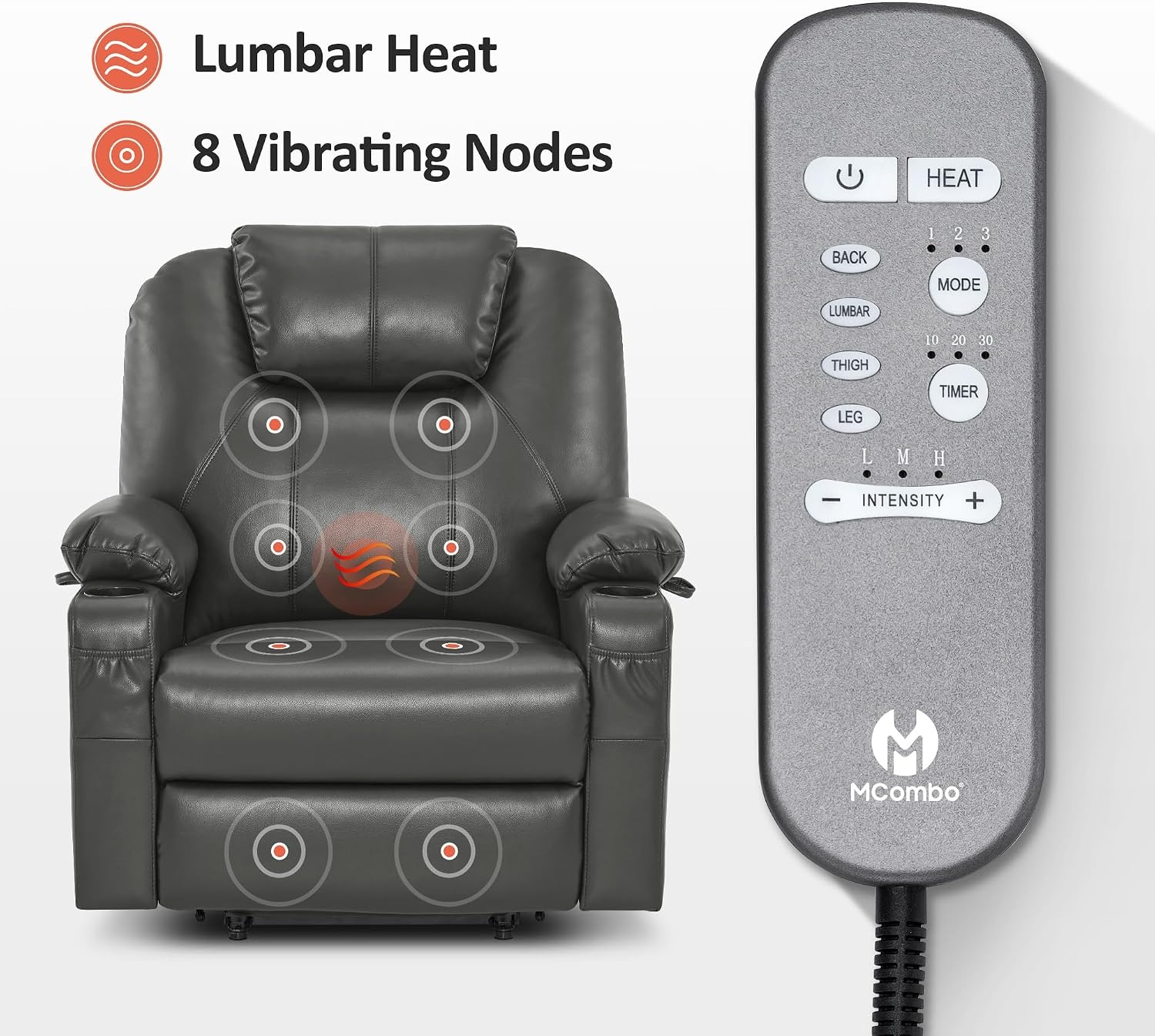 image:imageMCombo Extra Wide Power Lift Recliner Chair for Elderly Lift Chair with Heat and Massage for Big People USBampType C Ports Cup Holders Faux Leather R7045 Grey MediumWideGrey