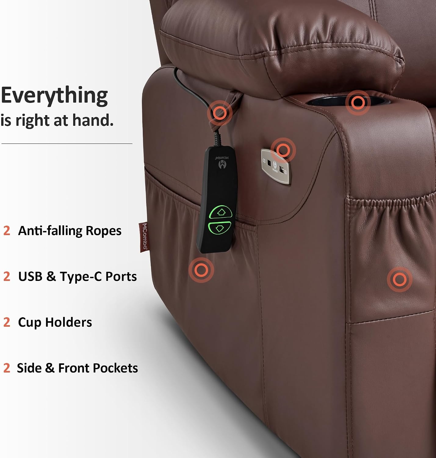image:imageMCombo Extra Wide Power Lift Recliner Chair for Elderly Lift Chair with Heat and Massage for Big People USBampType C Ports Cup Holders Faux Leather R7045 Grey MediumWideLight Brown