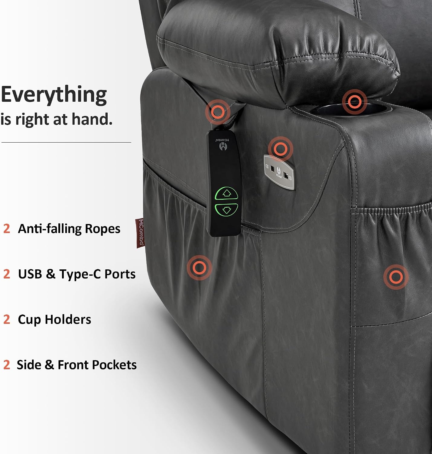 image:imageMCombo Extra Wide Power Lift Recliner Chair for Elderly Lift Chair with Heat and Massage for Big People USBampType C Ports Cup Holders Faux Leather R7045 Grey MediumWideGrey