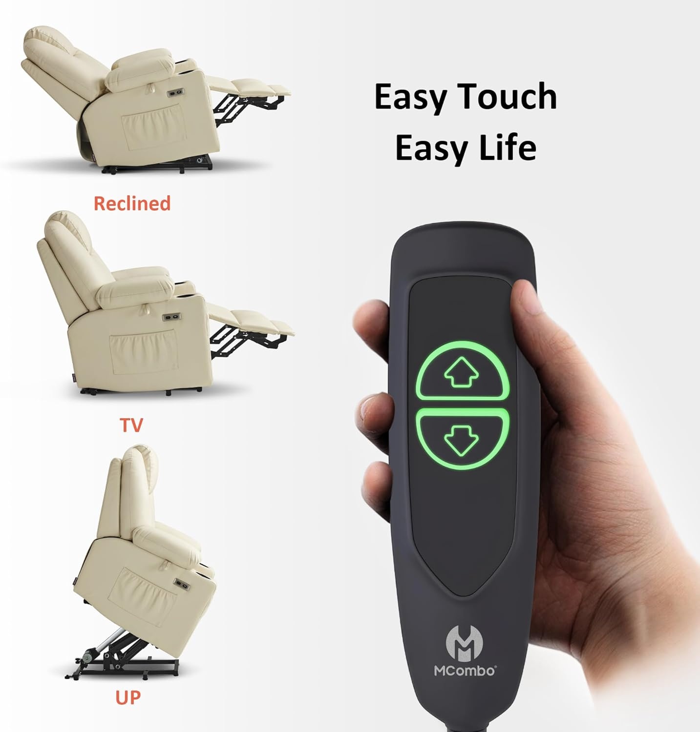 image:imageMCombo Extra Wide Power Lift Recliner Chair for Elderly Lift Chair with Heat and Massage for Big People USBampType C Ports Cup Holders Faux Leather R7045 Grey MediumWideCream White