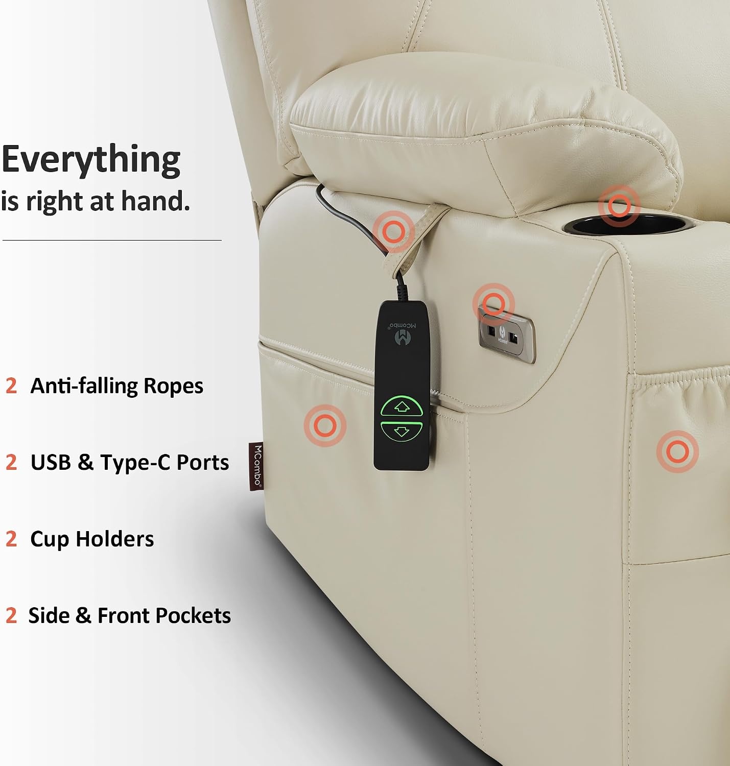 image:imageMCombo Extra Wide Power Lift Recliner Chair for Elderly Lift Chair with Heat and Massage for Big People USBampType C Ports Cup Holders Faux Leather R7045 Grey MediumWideCream White