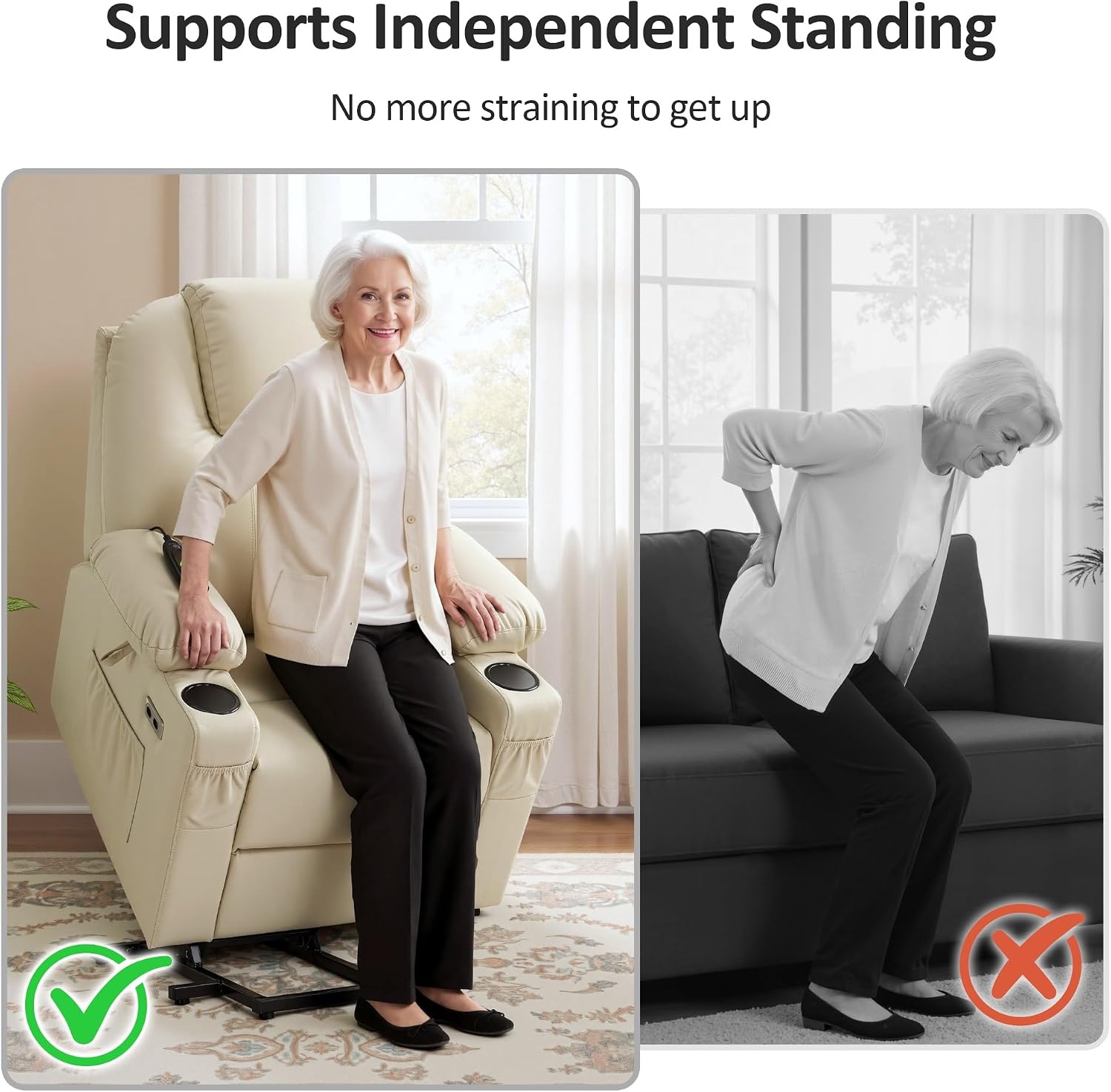 image:imageMCombo Extra Wide Power Lift Recliner Chair for Elderly Lift Chair with Heat and Massage for Big People USBampType C Ports Cup Holders Faux Leather R7045 Grey MediumWideCream White